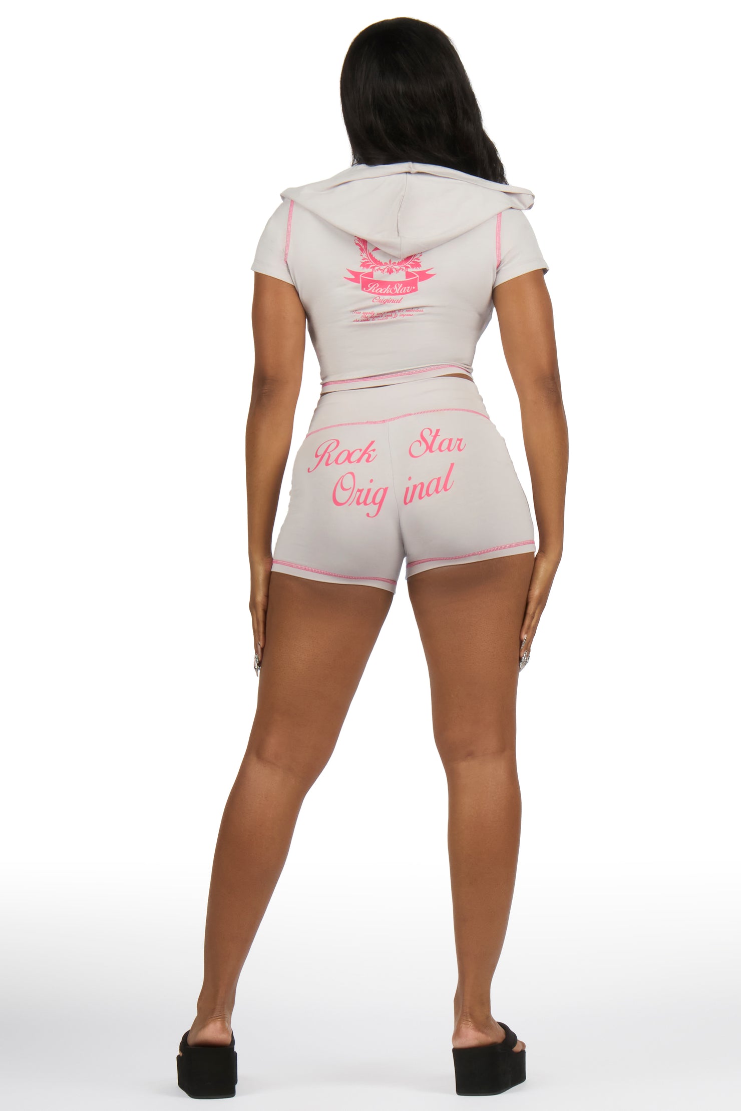 Desmine Grey Short Sleeve Zip Up Short Set