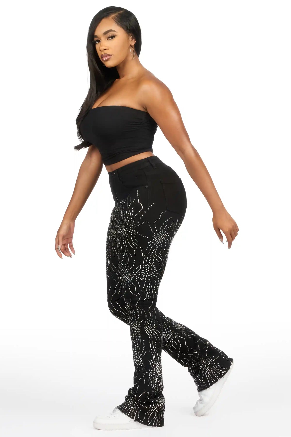 Deidra Black Rhinestone Stacked Flare Jean