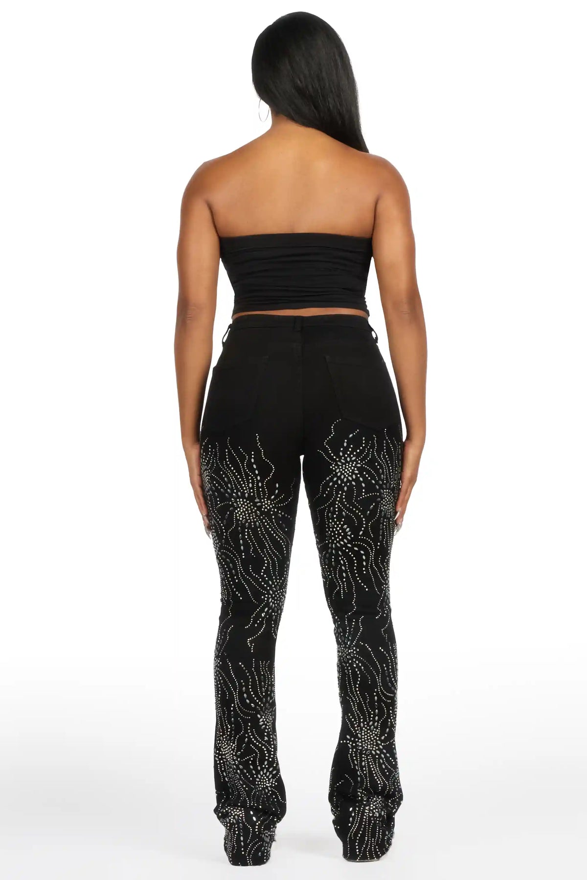 Deidra Black Rhinestone Stacked Flare Jean