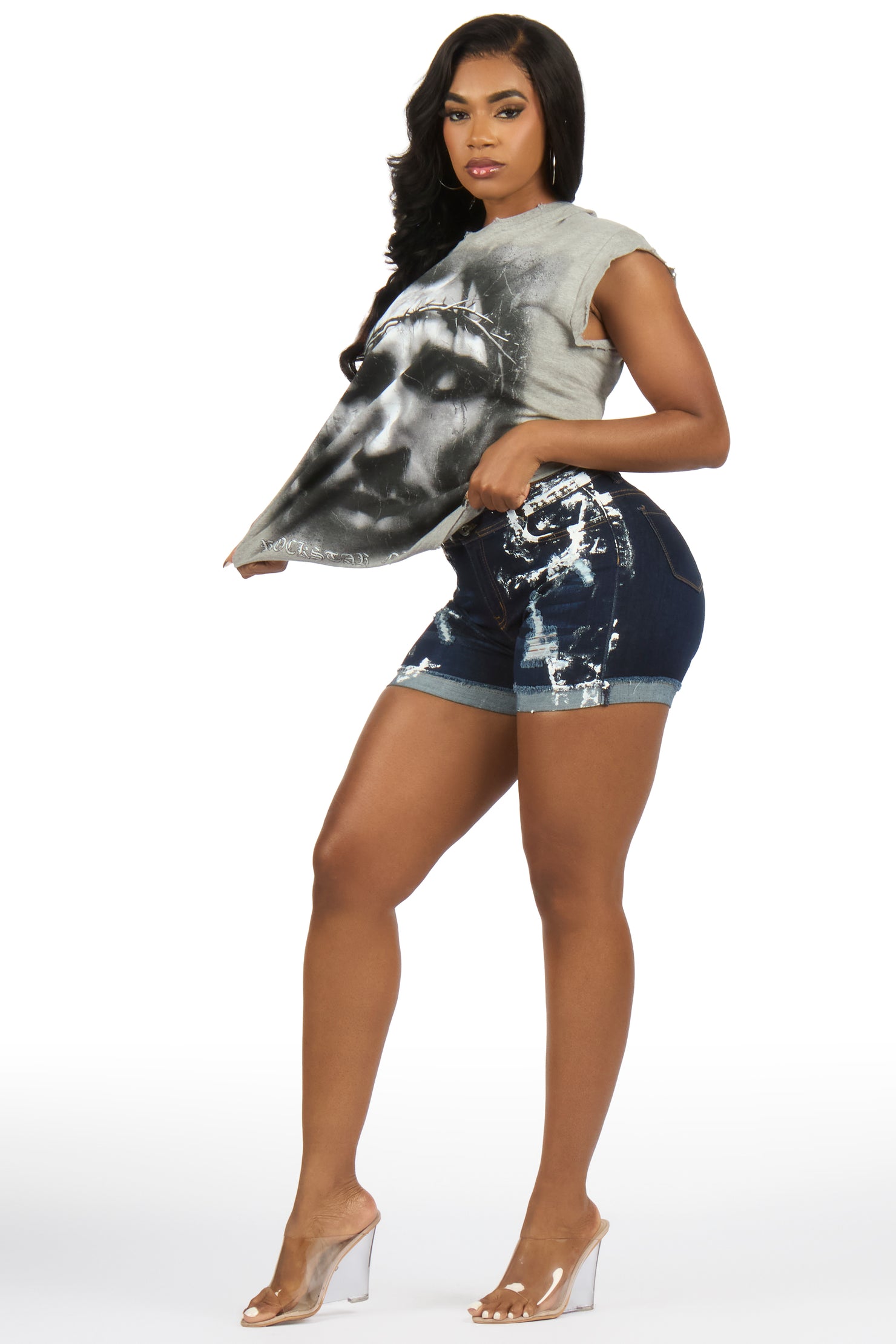 Shaterra Dark Wash Painted Denim Short