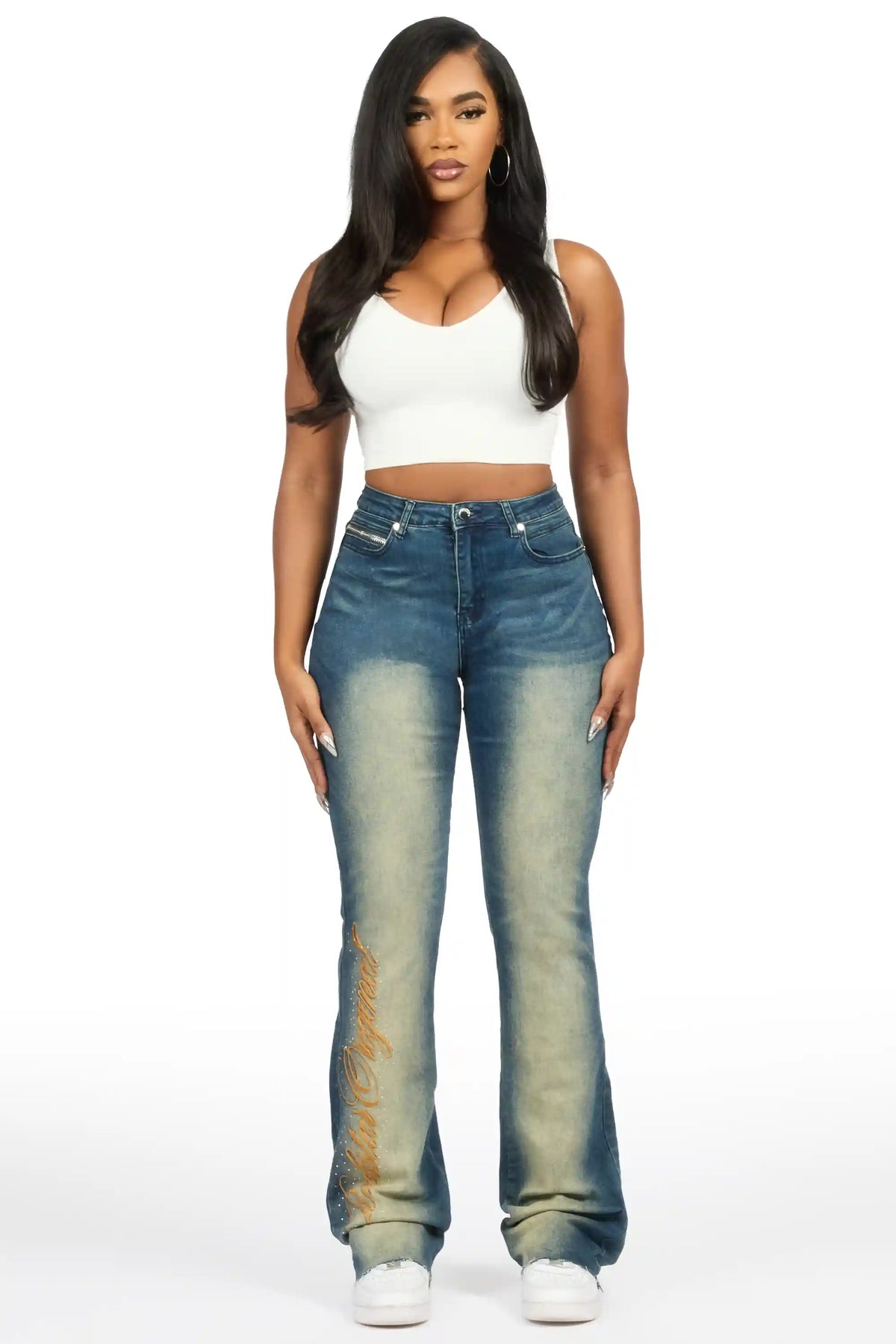 Calisa Tint Rhinestone Stacked Flare Jean
