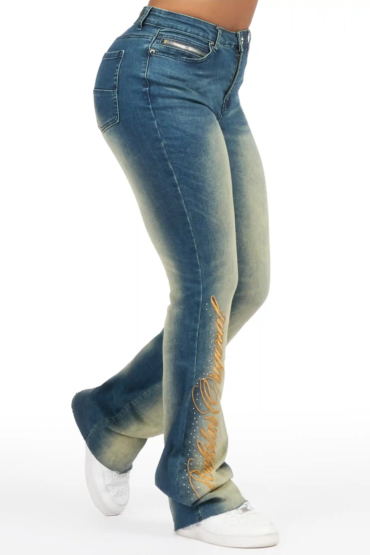 Calisa Tint Rhinestone Stacked Flare Jean