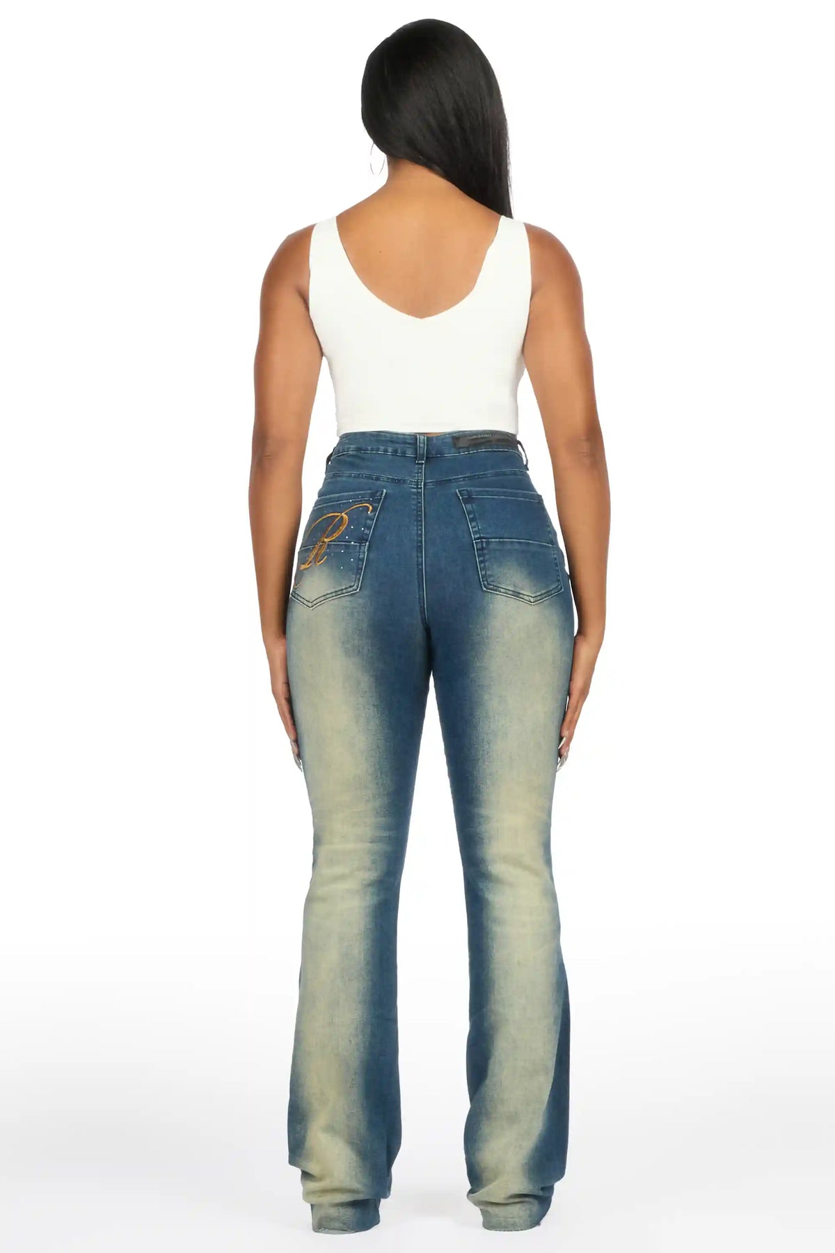 Calisa Tint Rhinestone Stacked Flare Jean