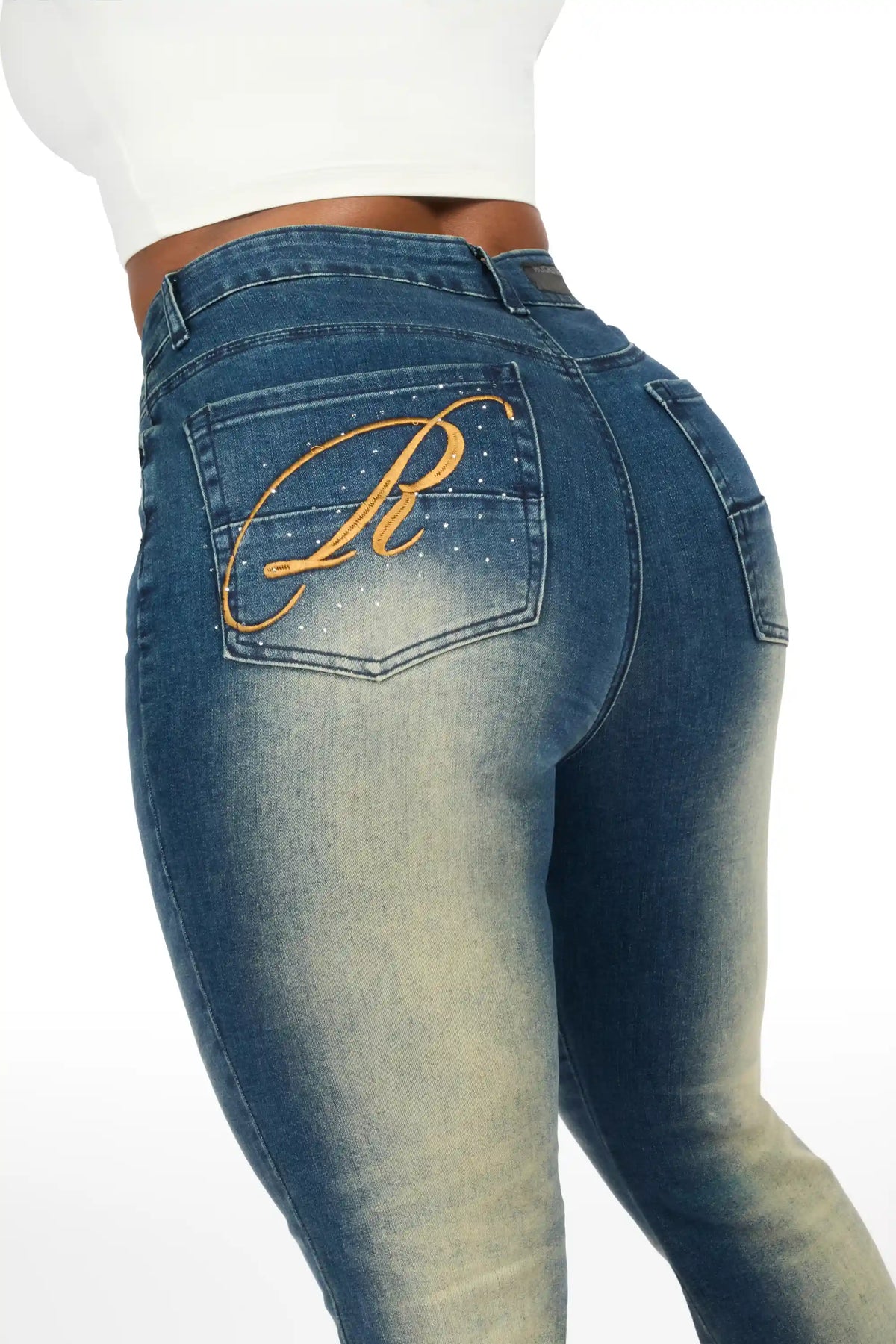 Calisa Tint Rhinestone Stacked Flare Jean