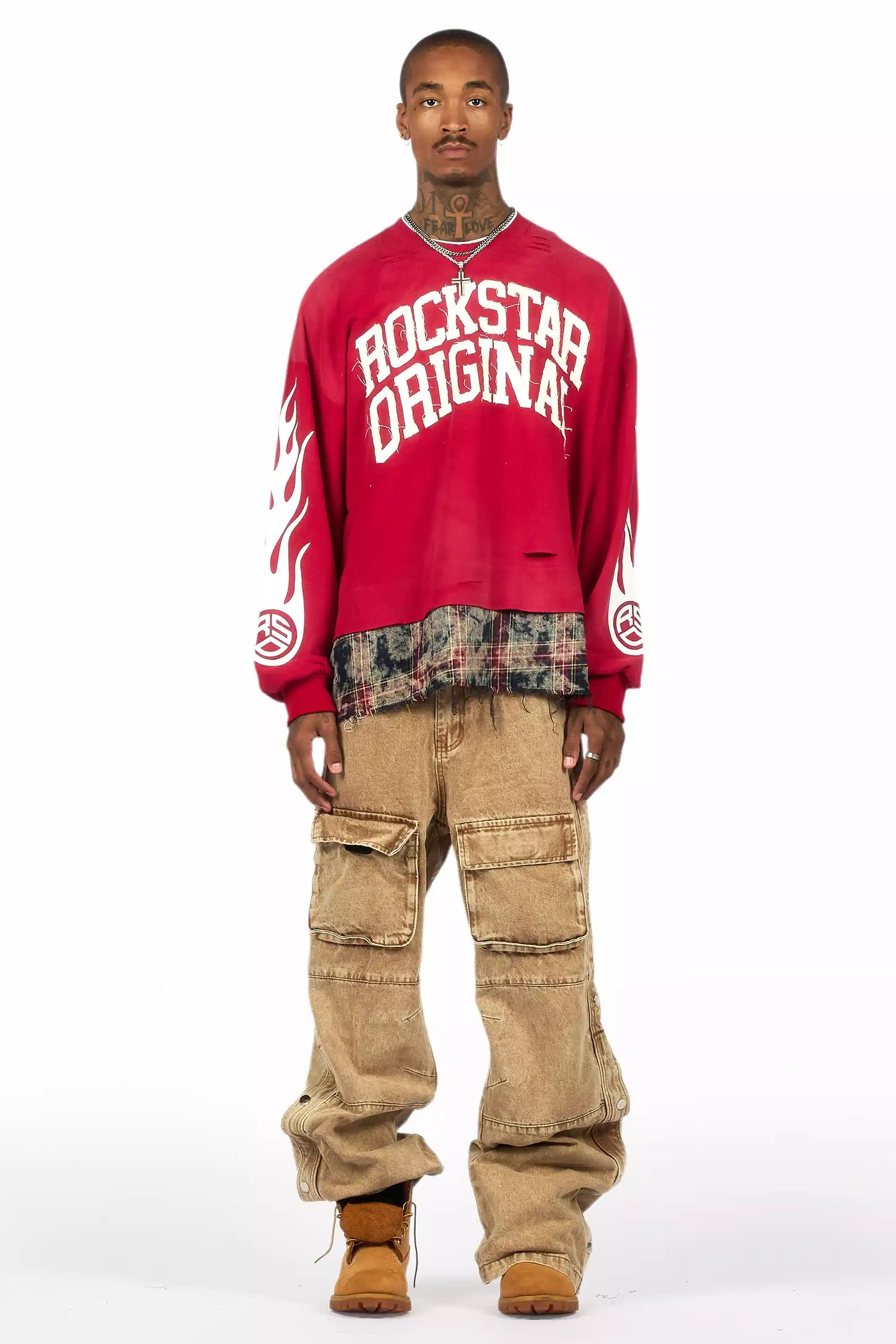 Yuri Beige Stacked Cargo Flare Jean