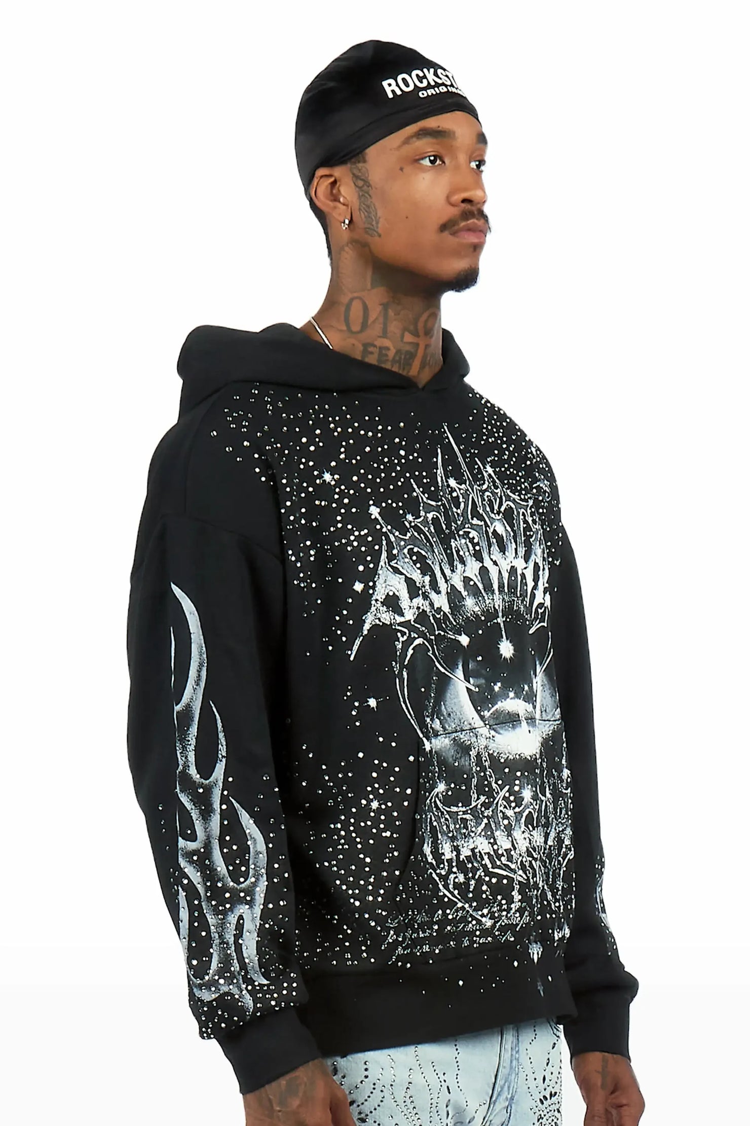 Malykz Black Rhinestone Graphic Hoodie