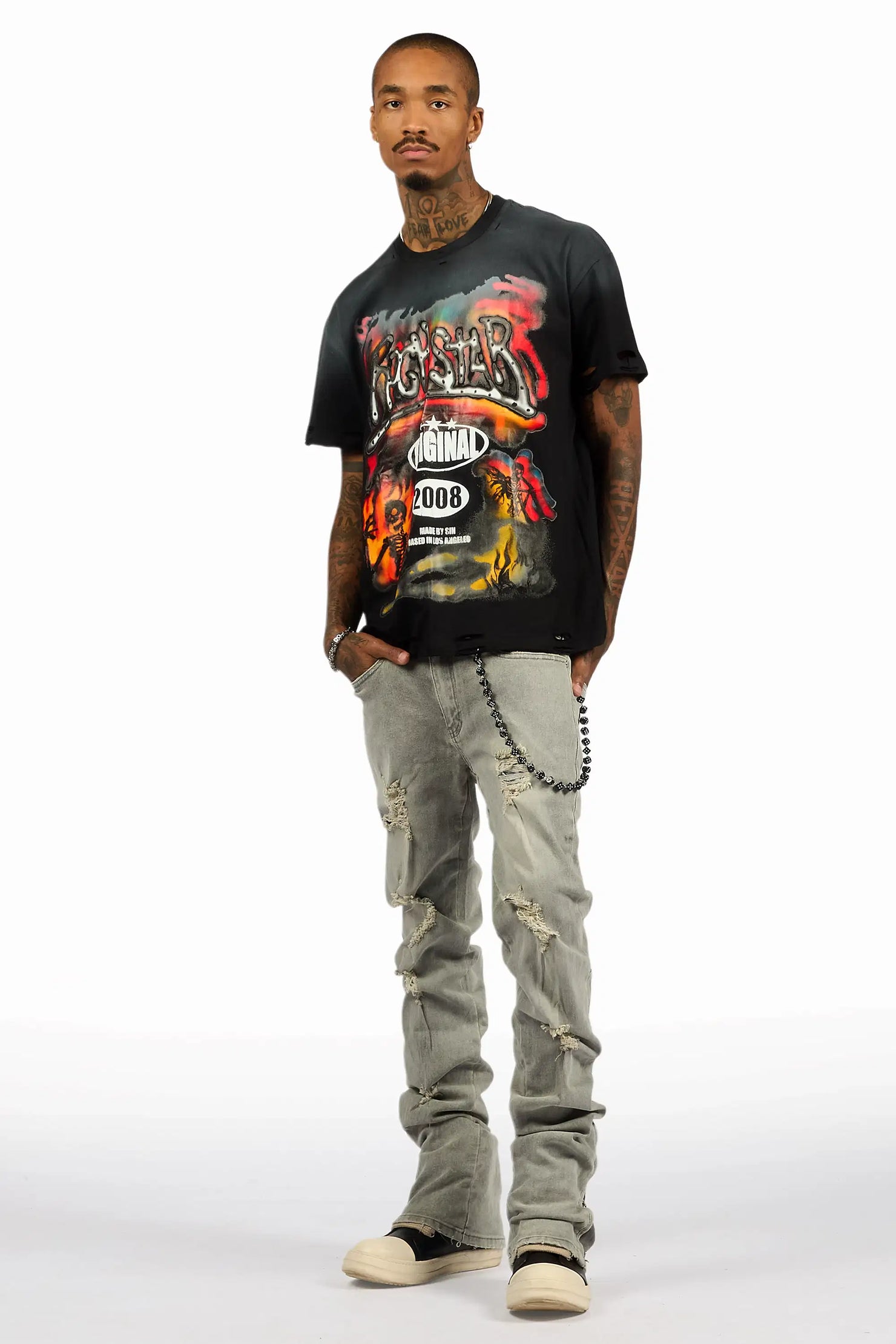 Farren Black Oversized Graphic T-Shirt/Stacked Flare Jean Bundle