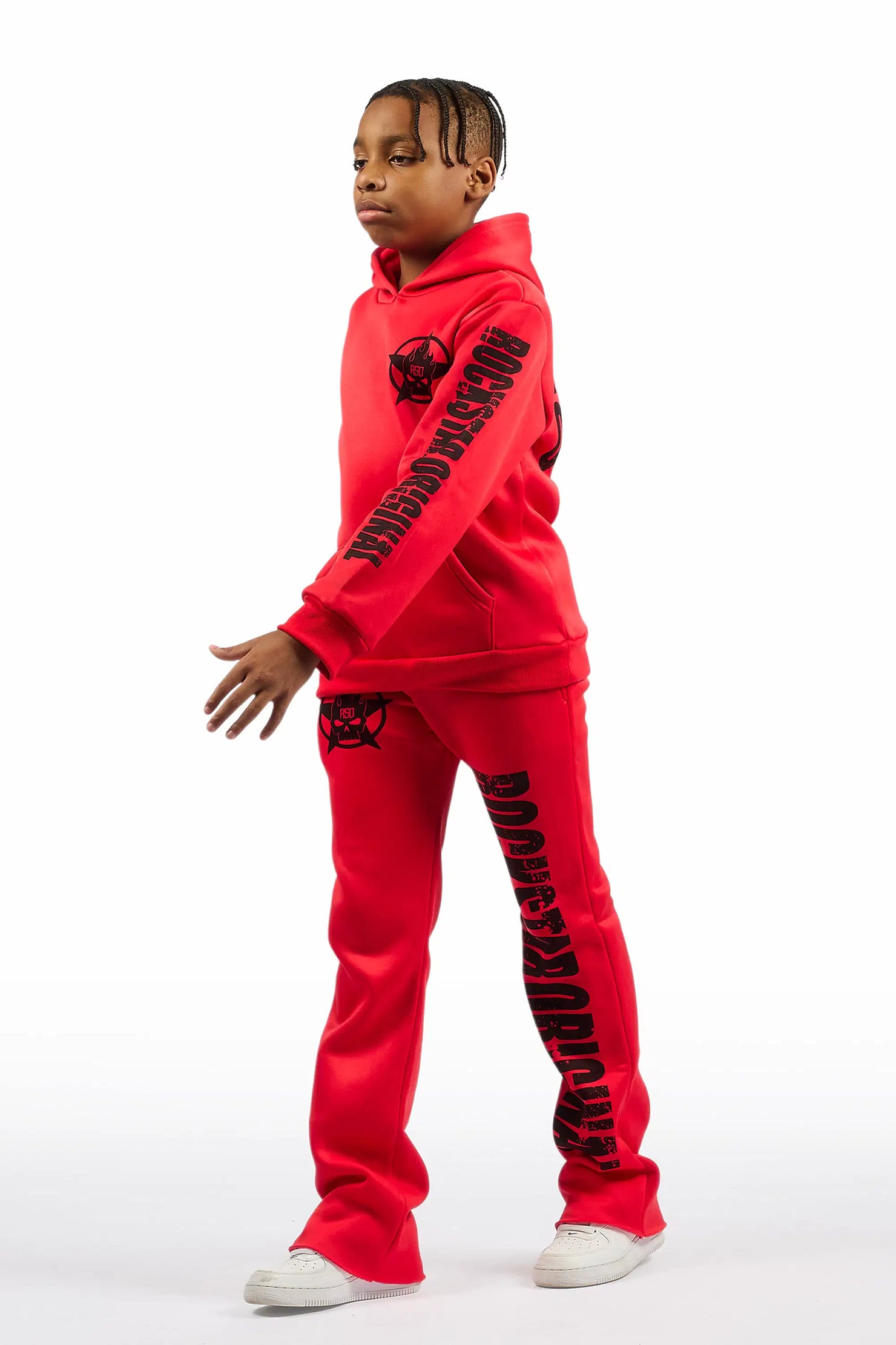 Boys Keve Red Hoodie Stacked Track Pant Set