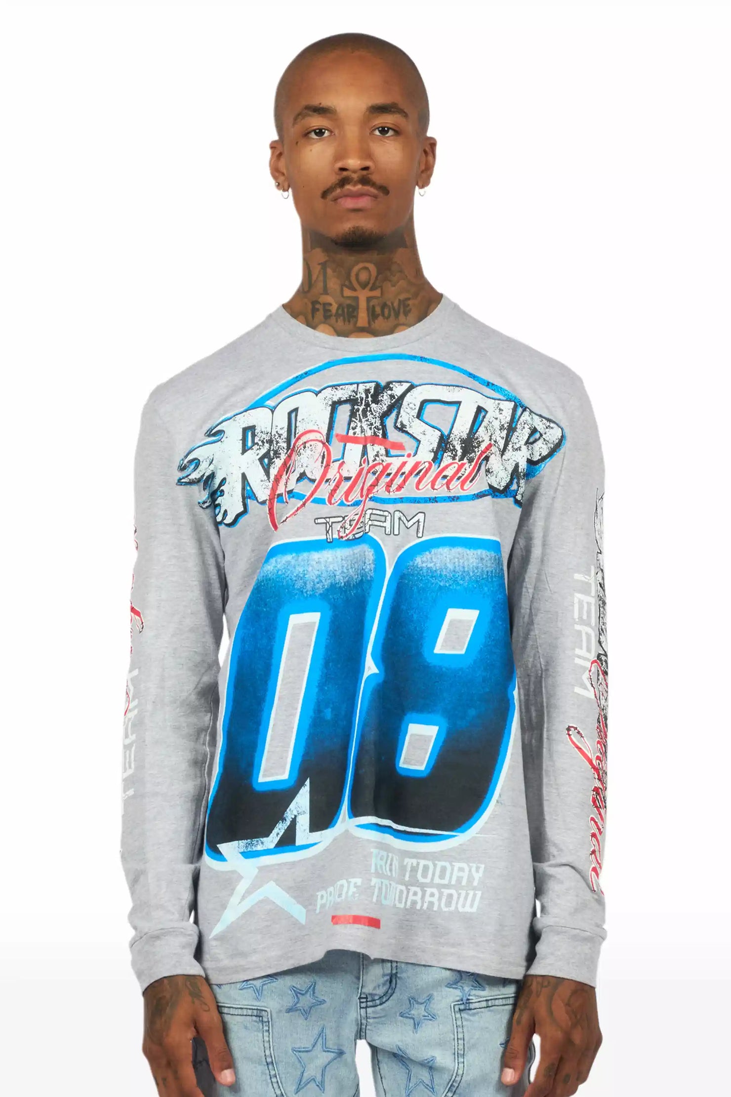 Ryker Heather Grey/Blue Long Sleeve Graphic T-Shirt