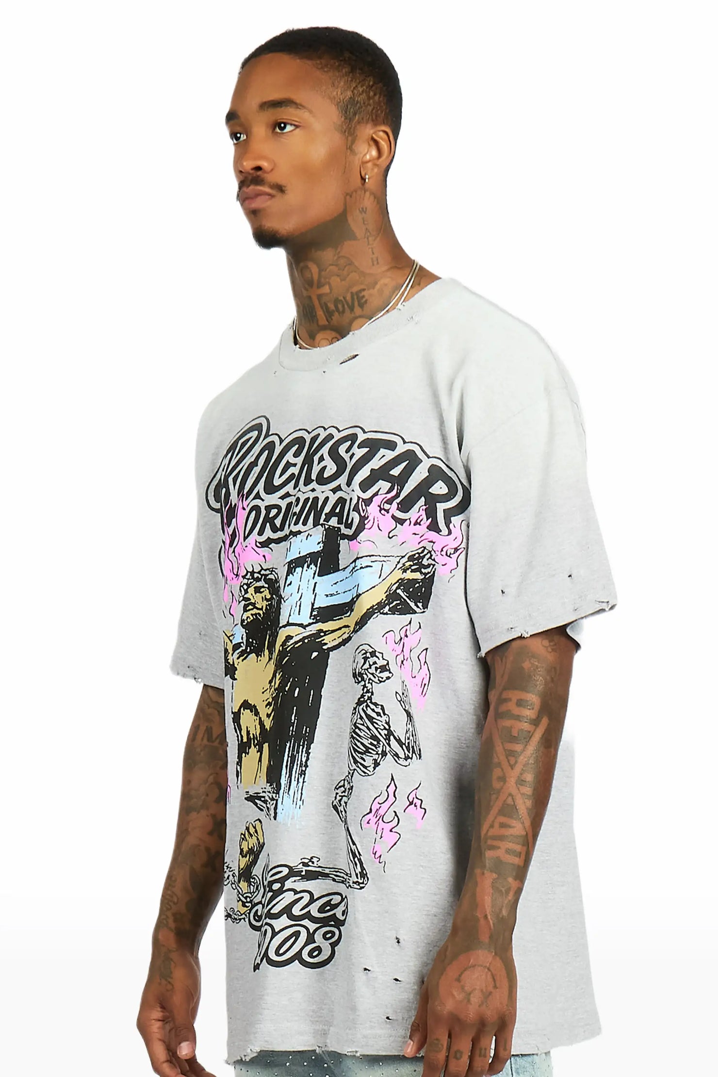 Kyren Heather Grey Oversized Graphic T-Shirt
