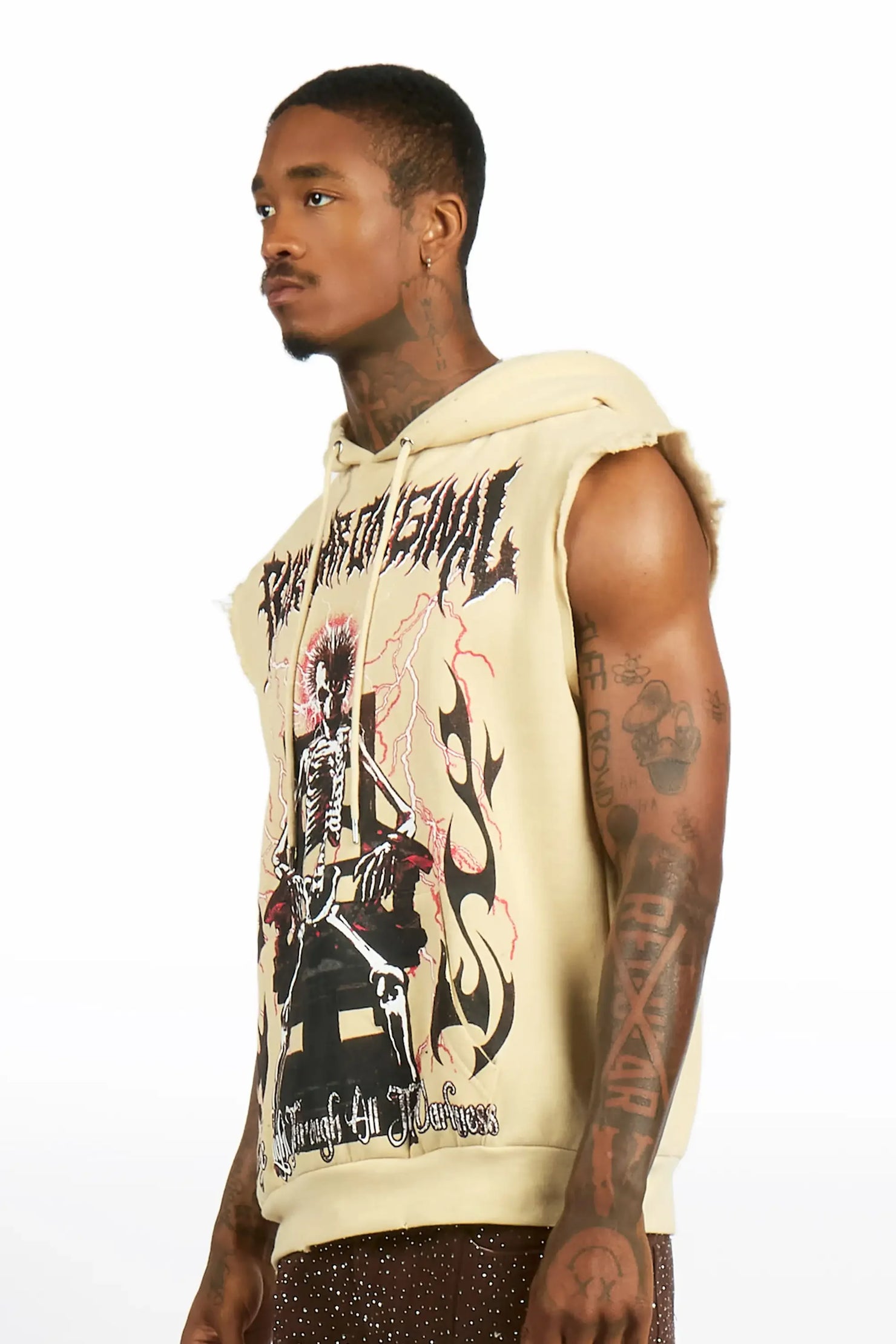 Deathrow 2.0 Beige Cut Sleeve Hoodie