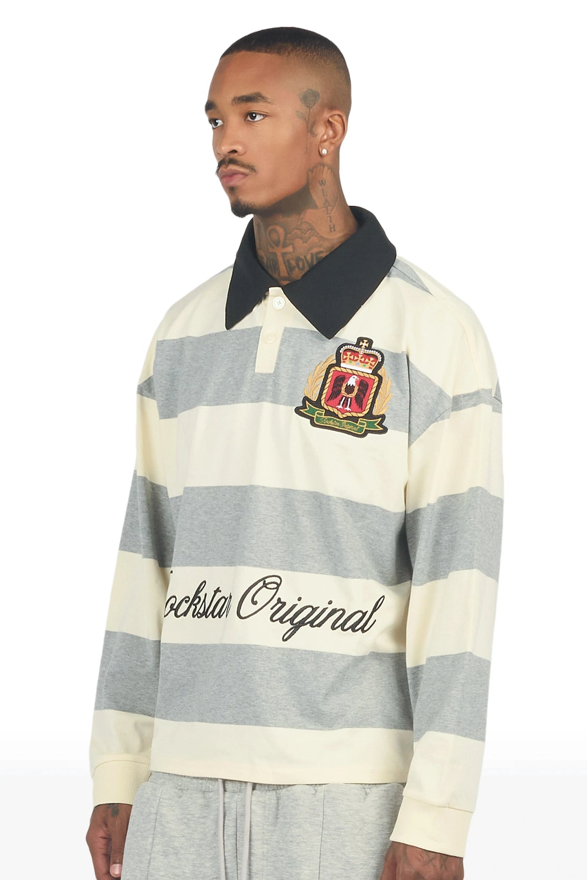 Flynn White/Grey Long Sleeve Polo Shirt