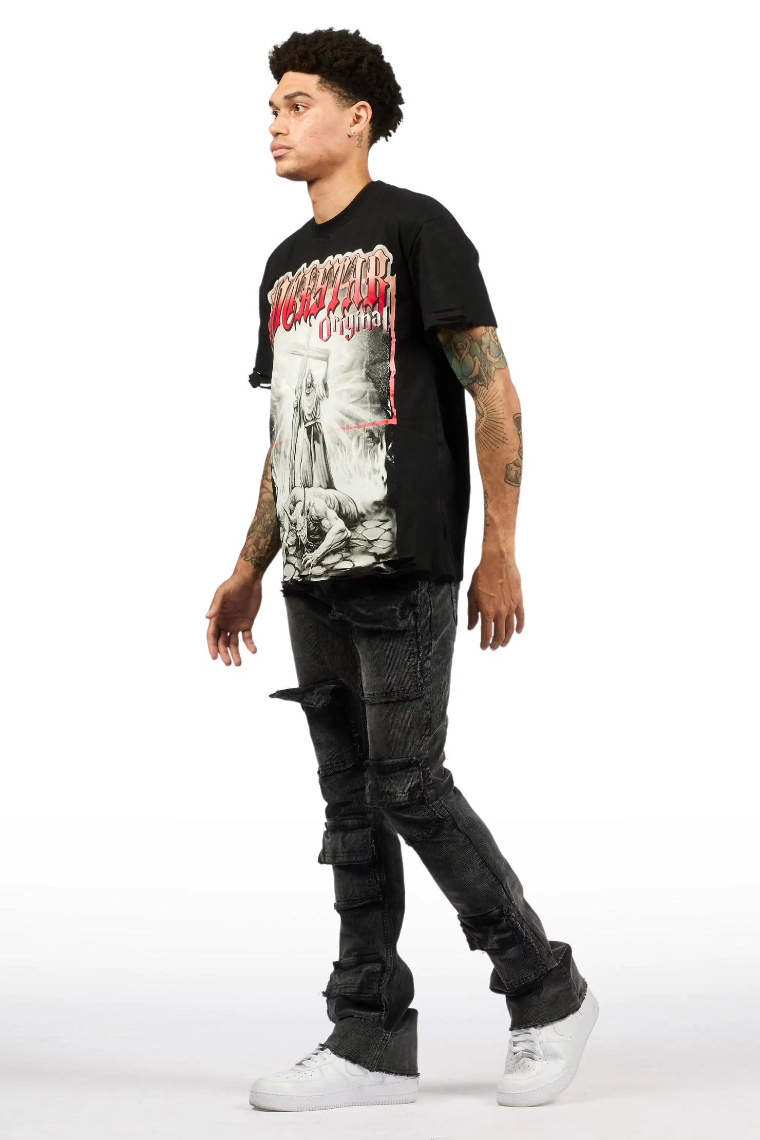 Petrus Grey Stacked Flare Corduroy Pant