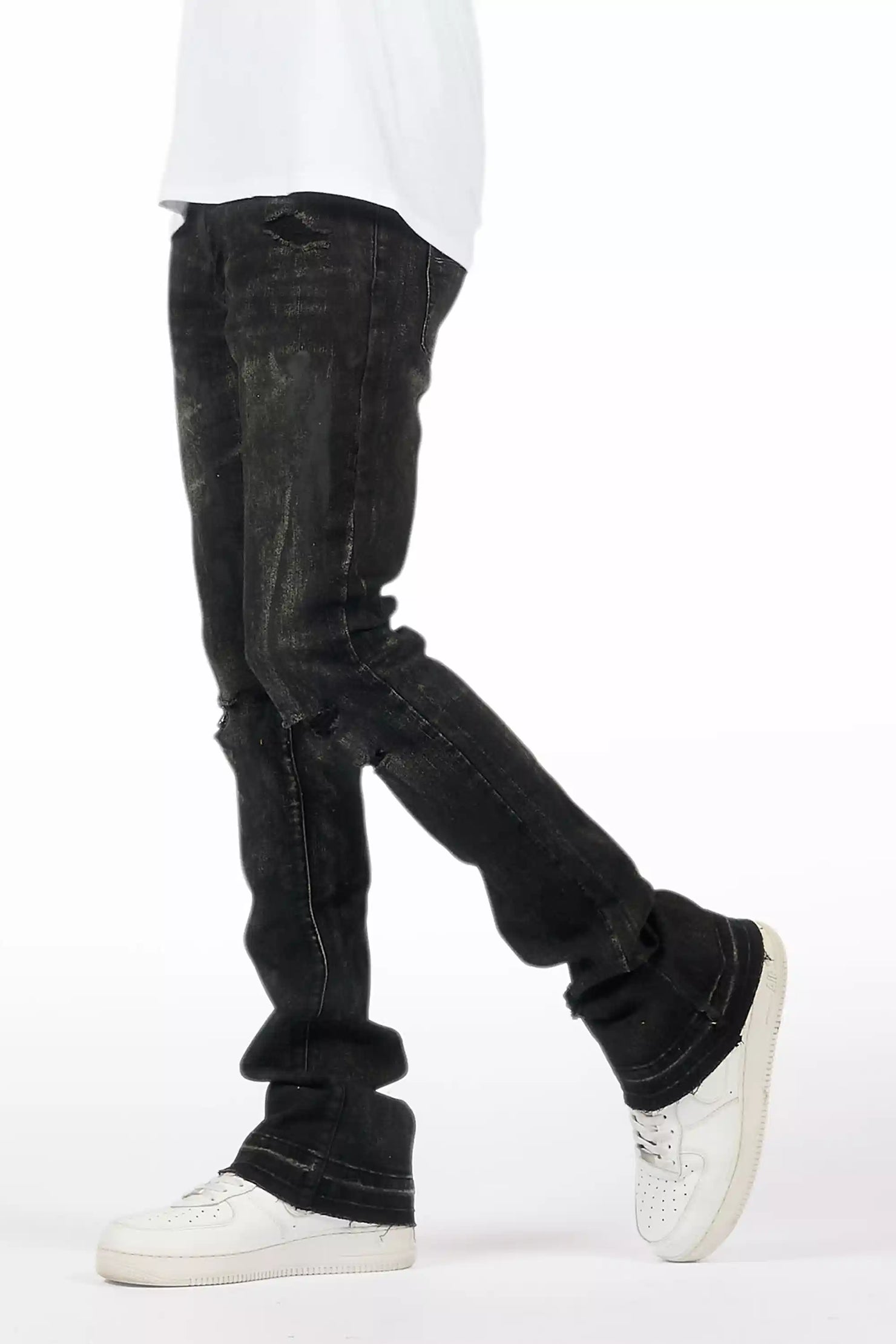 Inkspill Grey Oil Wash Stacked Flare Jean