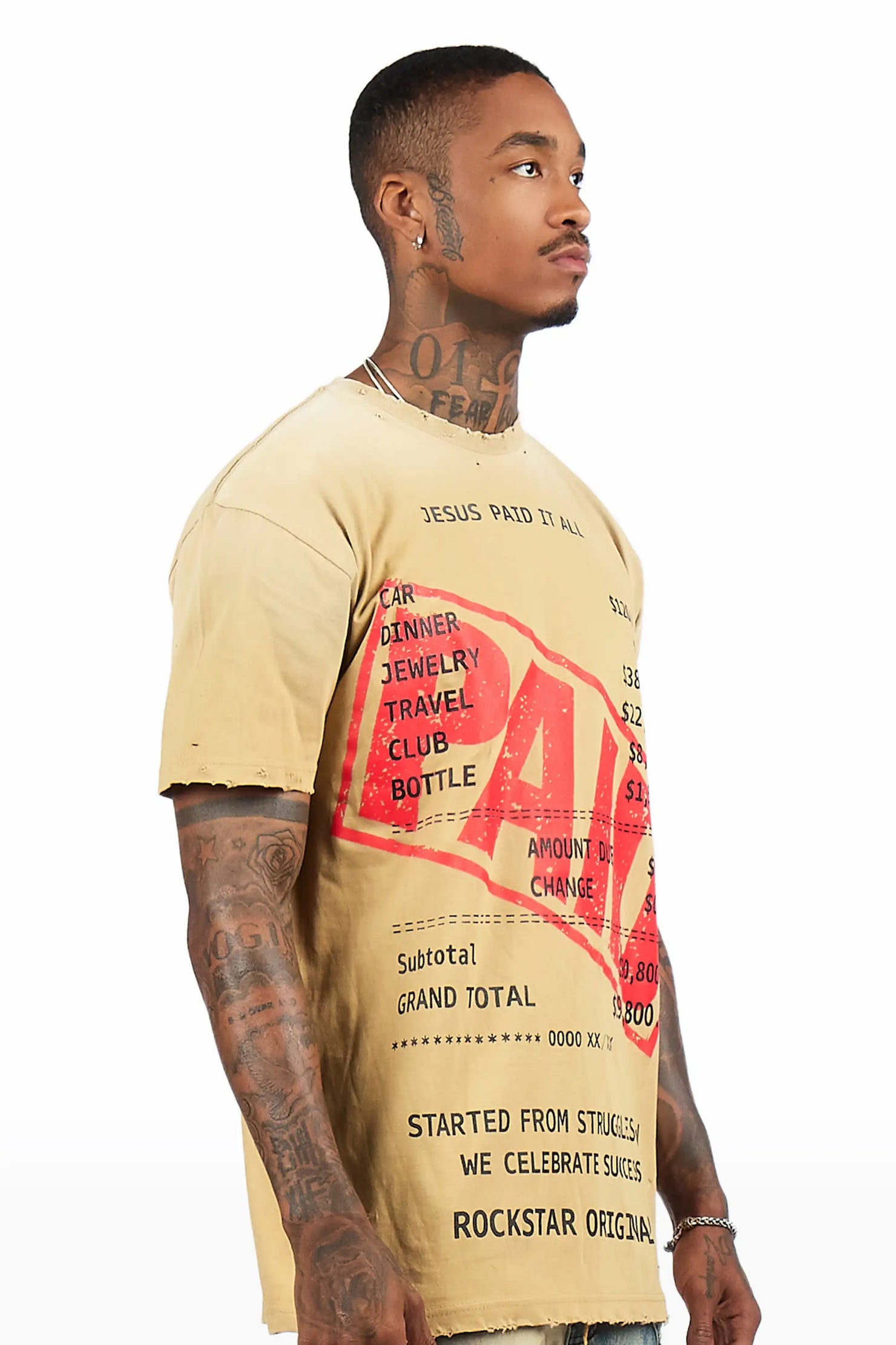 Paid Beige Oversized Graphic T-Shirt