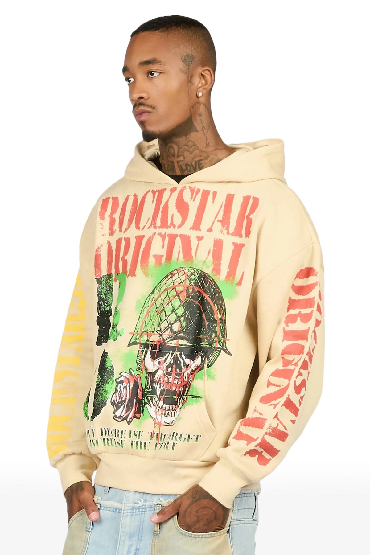 Kilshot Romance Beige Distressed Graphic Hoodie