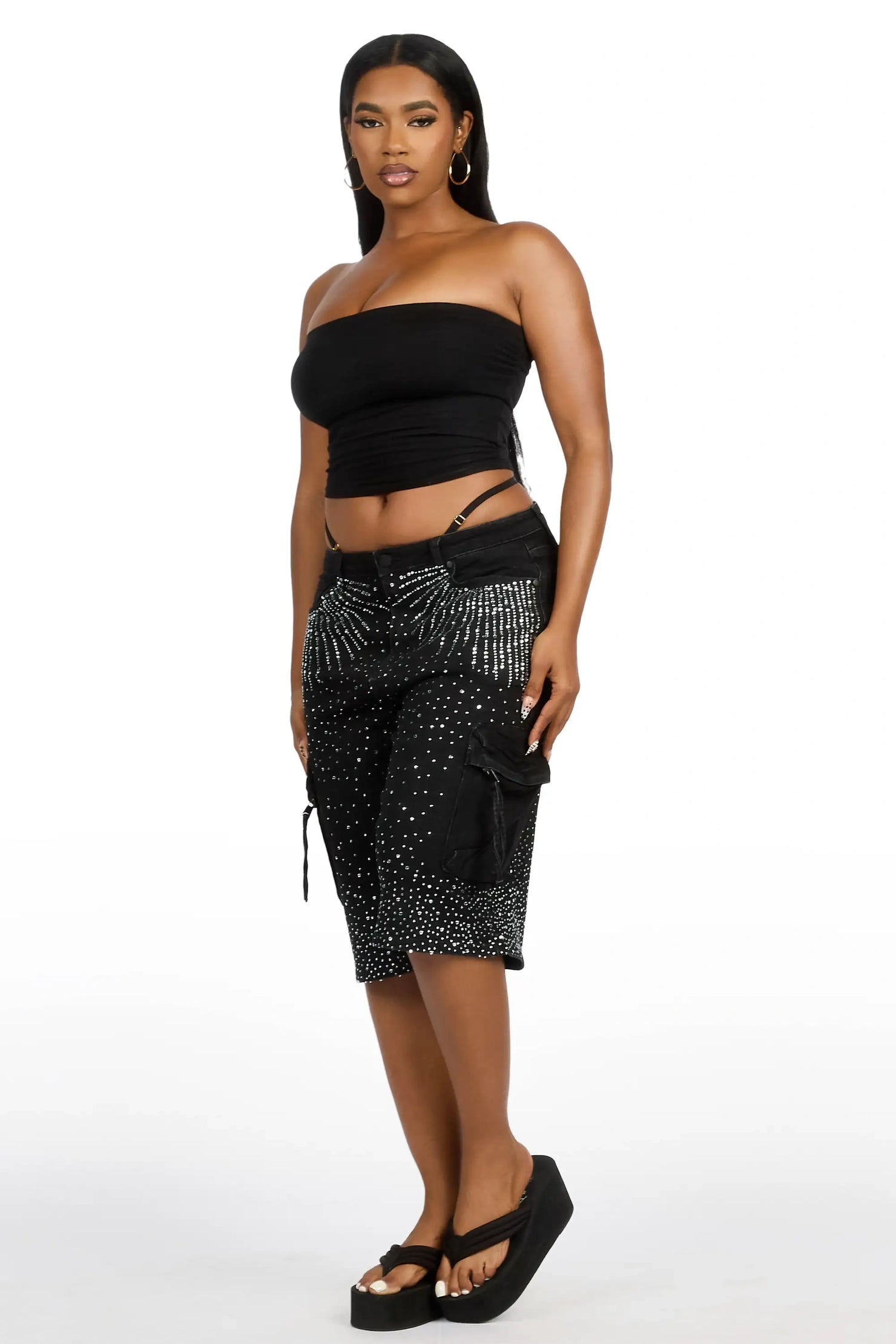 Lashandra Black Rhinestone Denim Jort