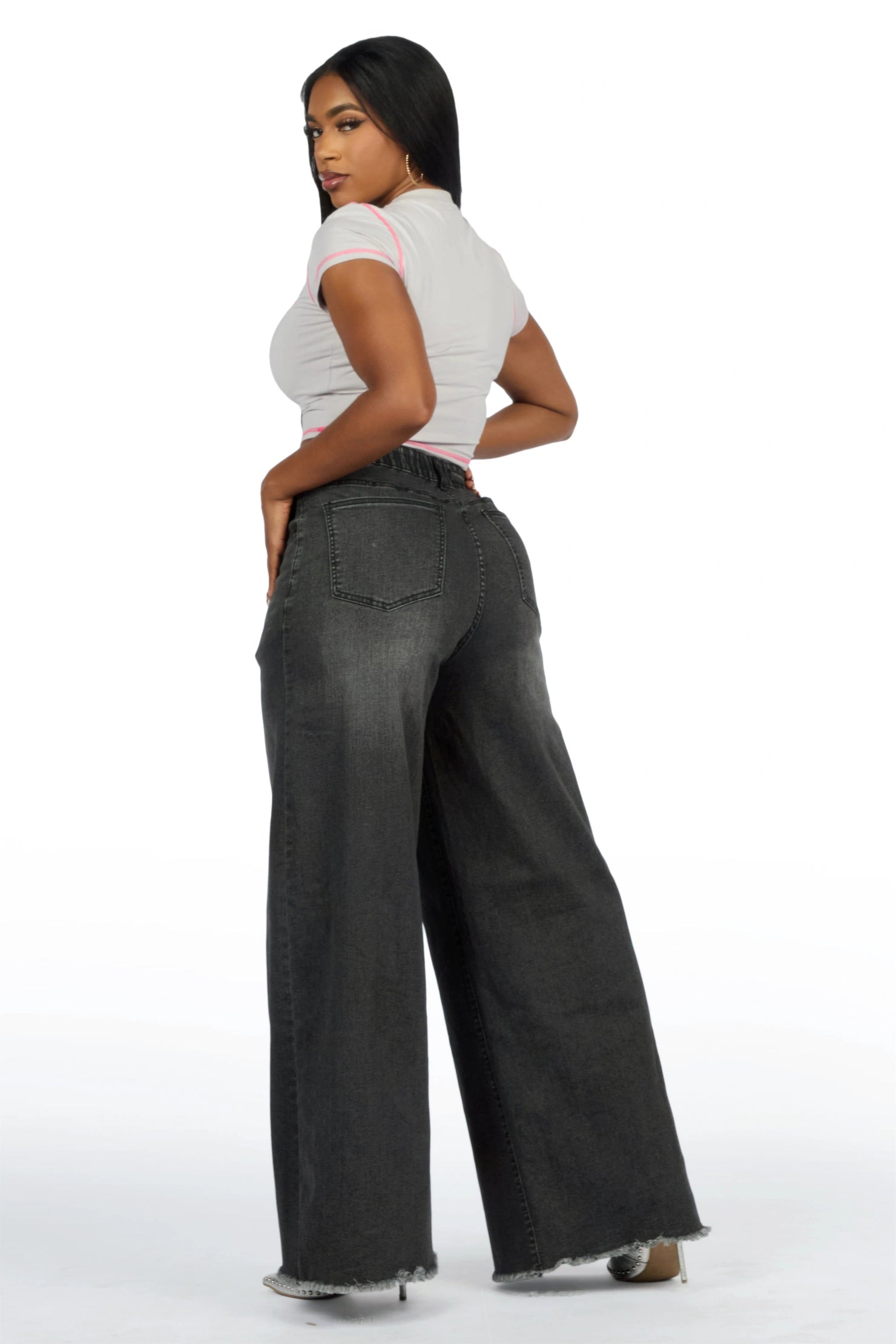 Cegaria Grey Wash High Rise Elastic Back Stretch Baggy Jean
