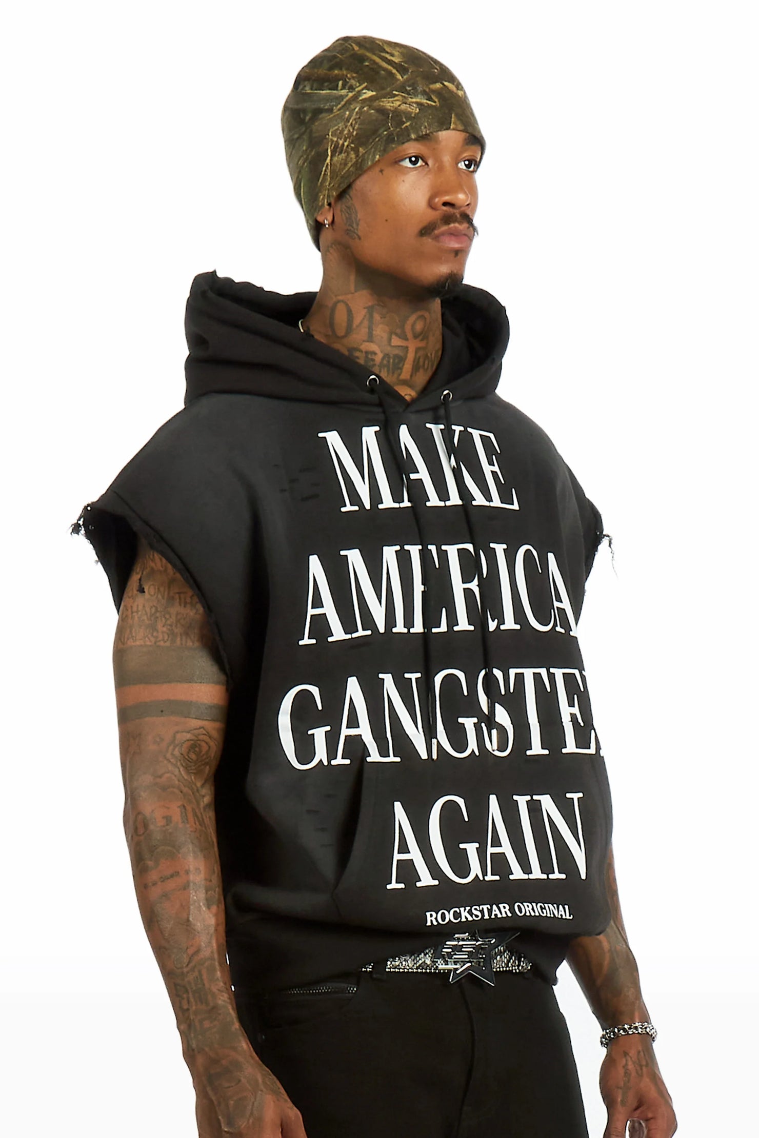Drako Black Graphic Distressed Cut Sleeve Hoodie