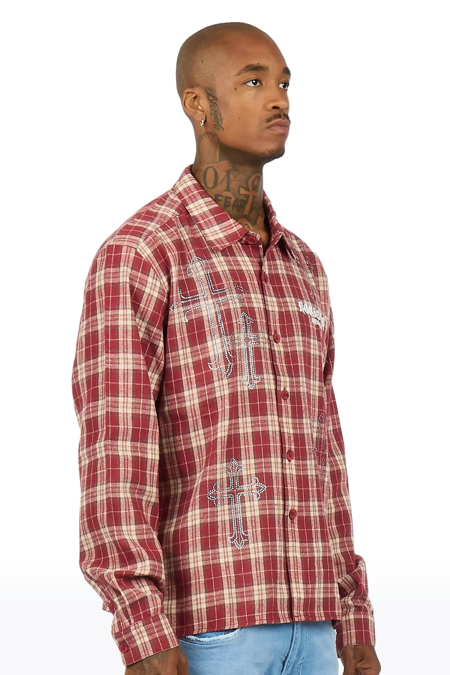 Poldi Red Rhinestone Flannel Long Sleeve Shirt