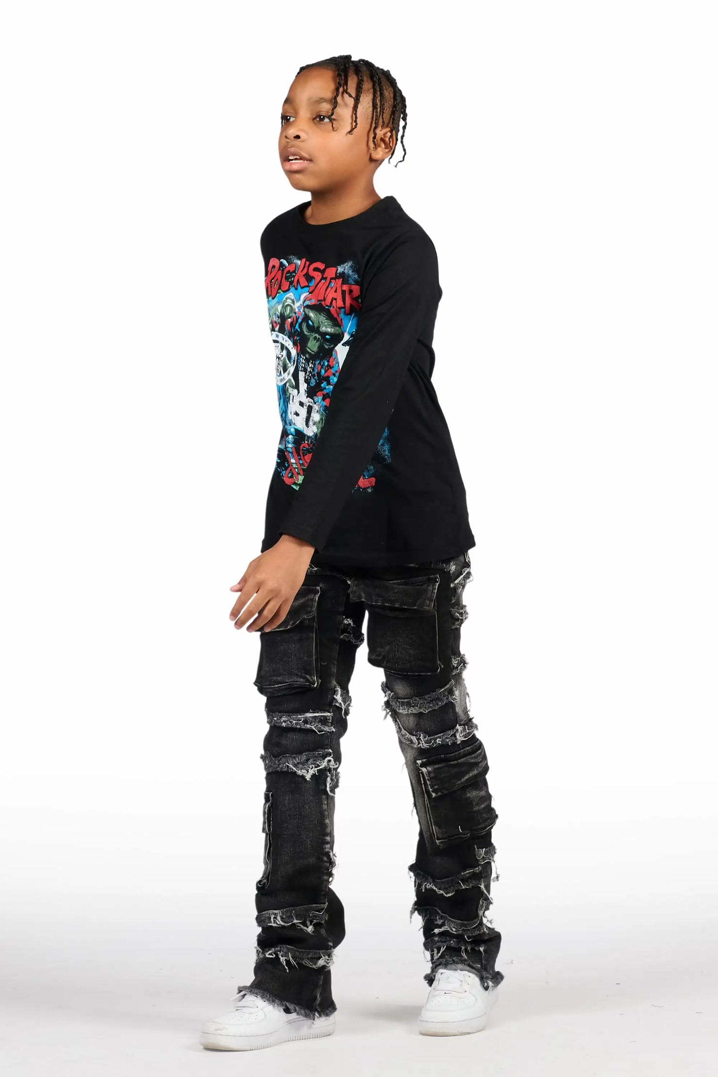 Boys Yves Jet Black Stacked Flare Cargo Jean