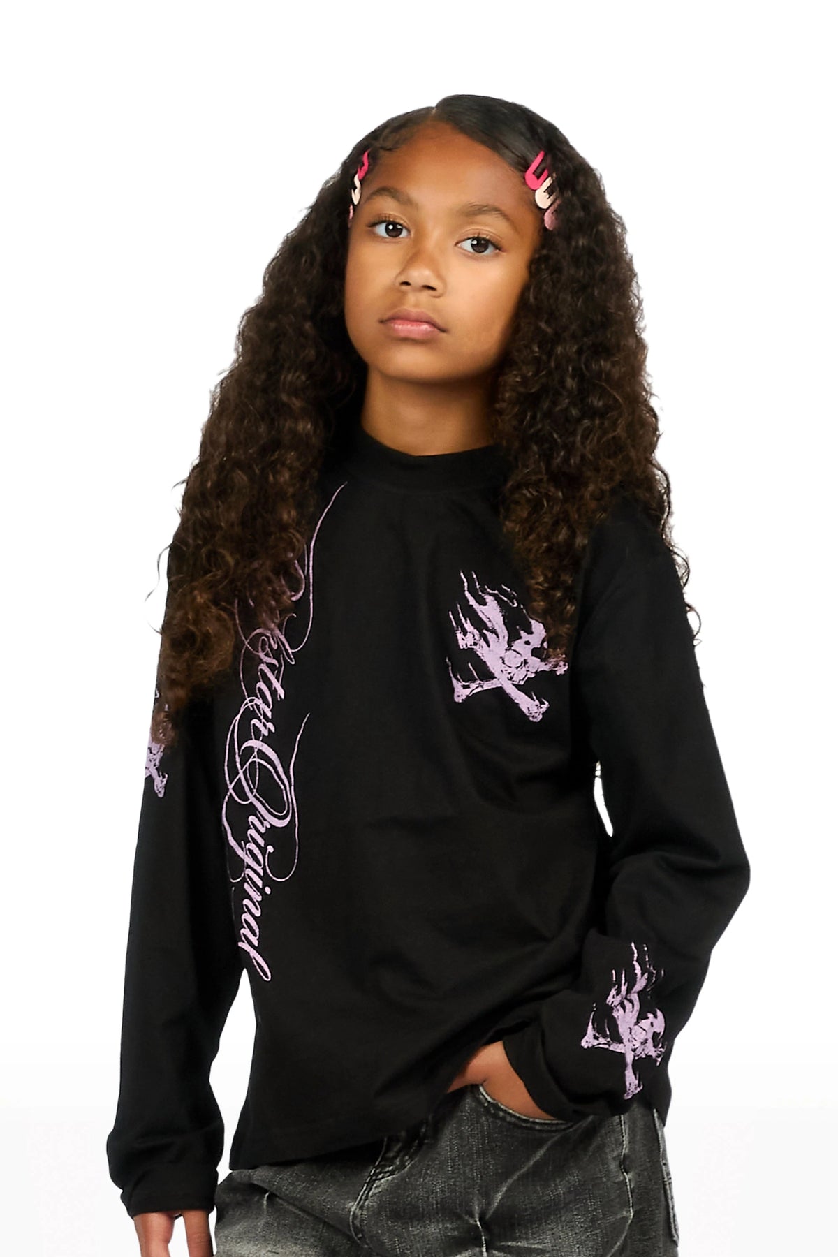 Girls Cabain Black/Pink Long Sleeve Graphic T-Shirt