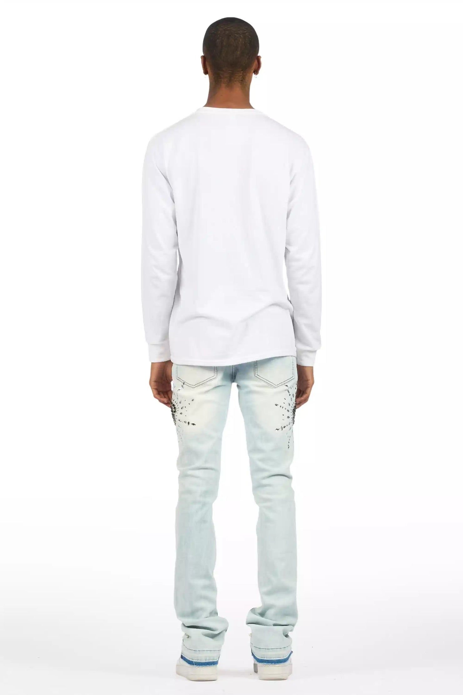 Tryst Light Blue Rhinestone Stacked Flare Jean