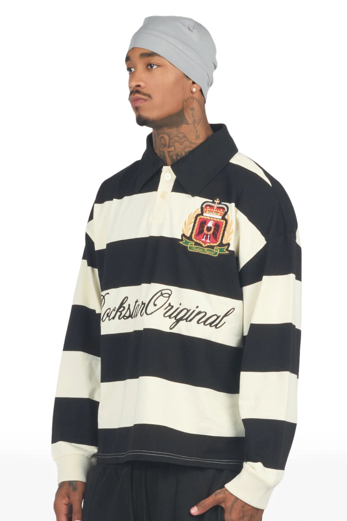 Flynn White/Black Long Sleeve Polo Shirt