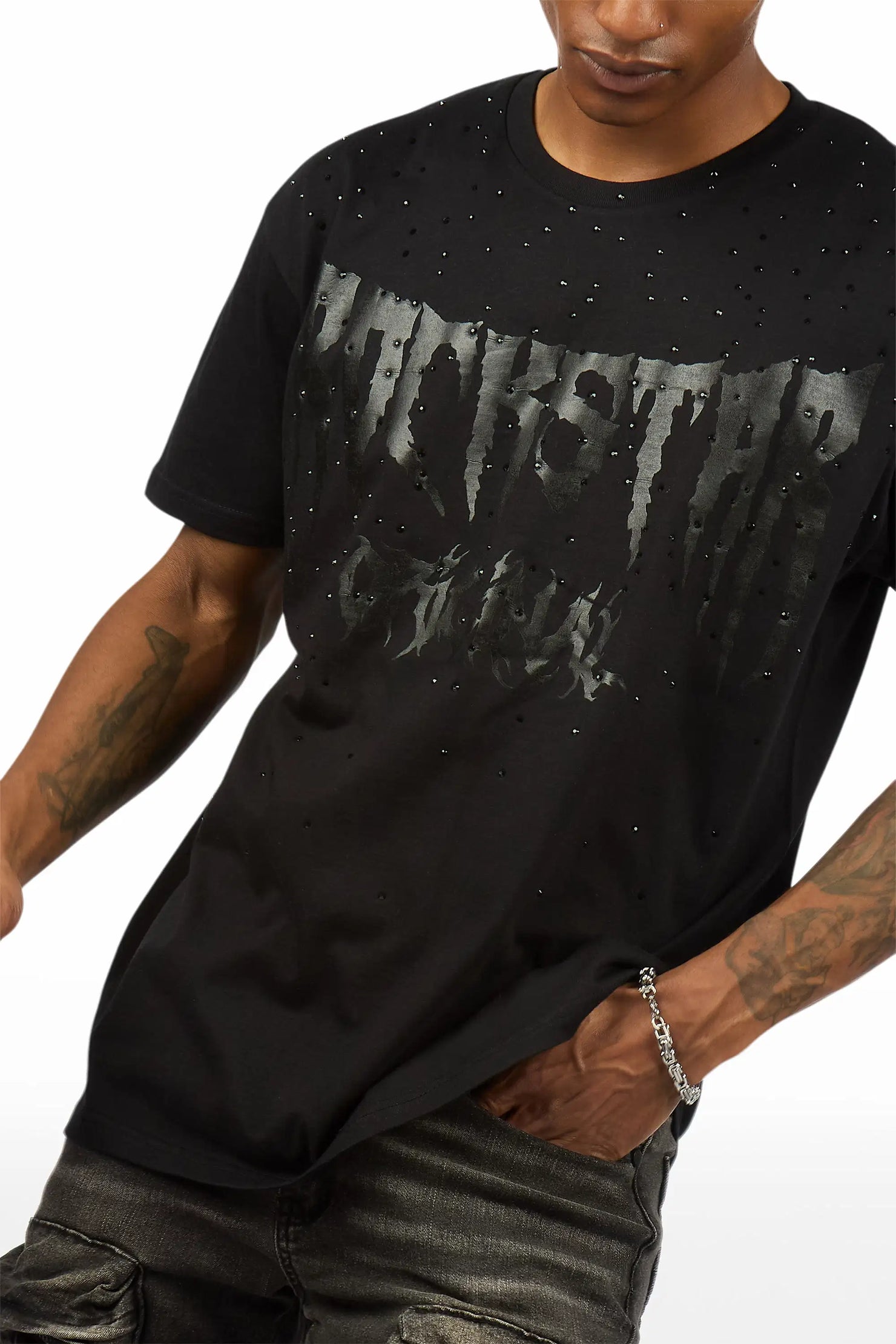 Andros 2.0 Black Rhinestone Oversized Graphic T-Shirt