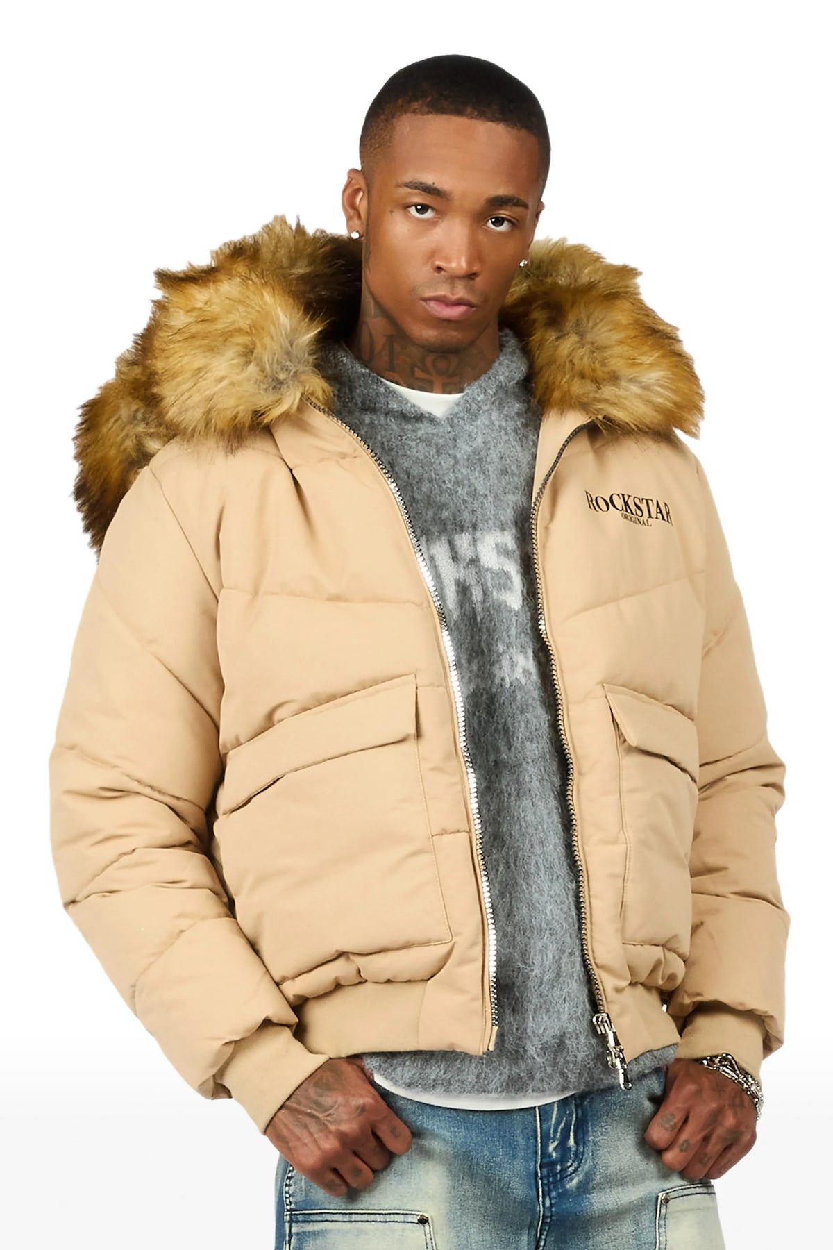 Langston Beige Puffer Jacket with Fur Hood