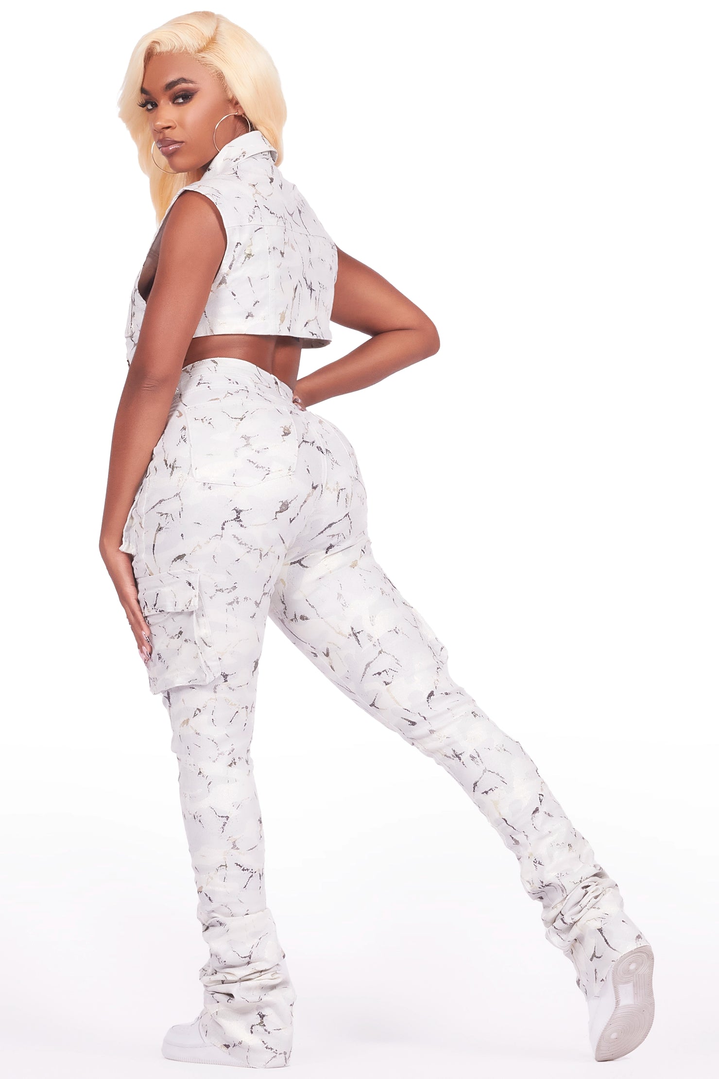 Miyah White Camo Cargo Super Stacked PU Pant