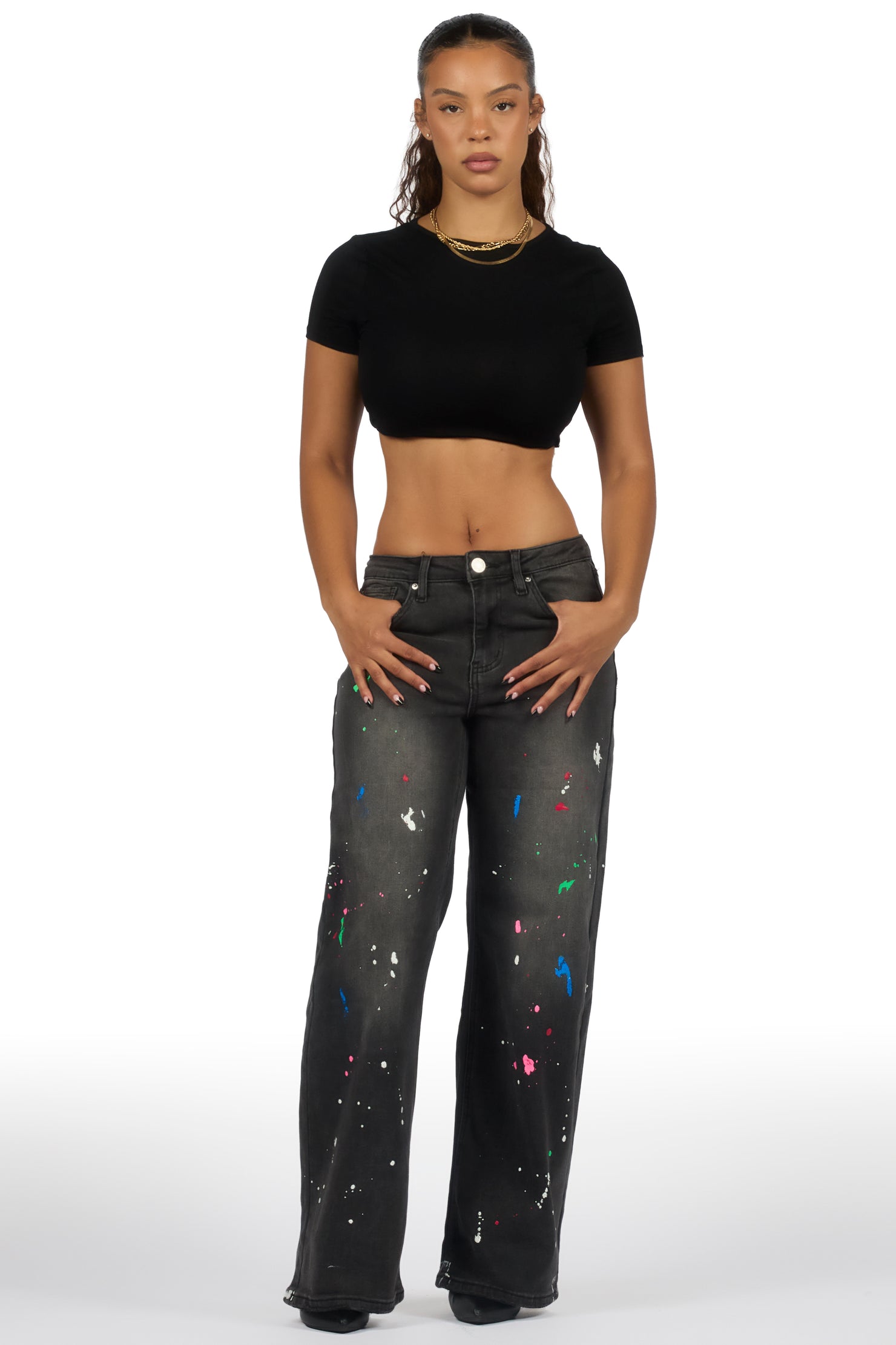 Demetria Black Painted Baggy Jean
