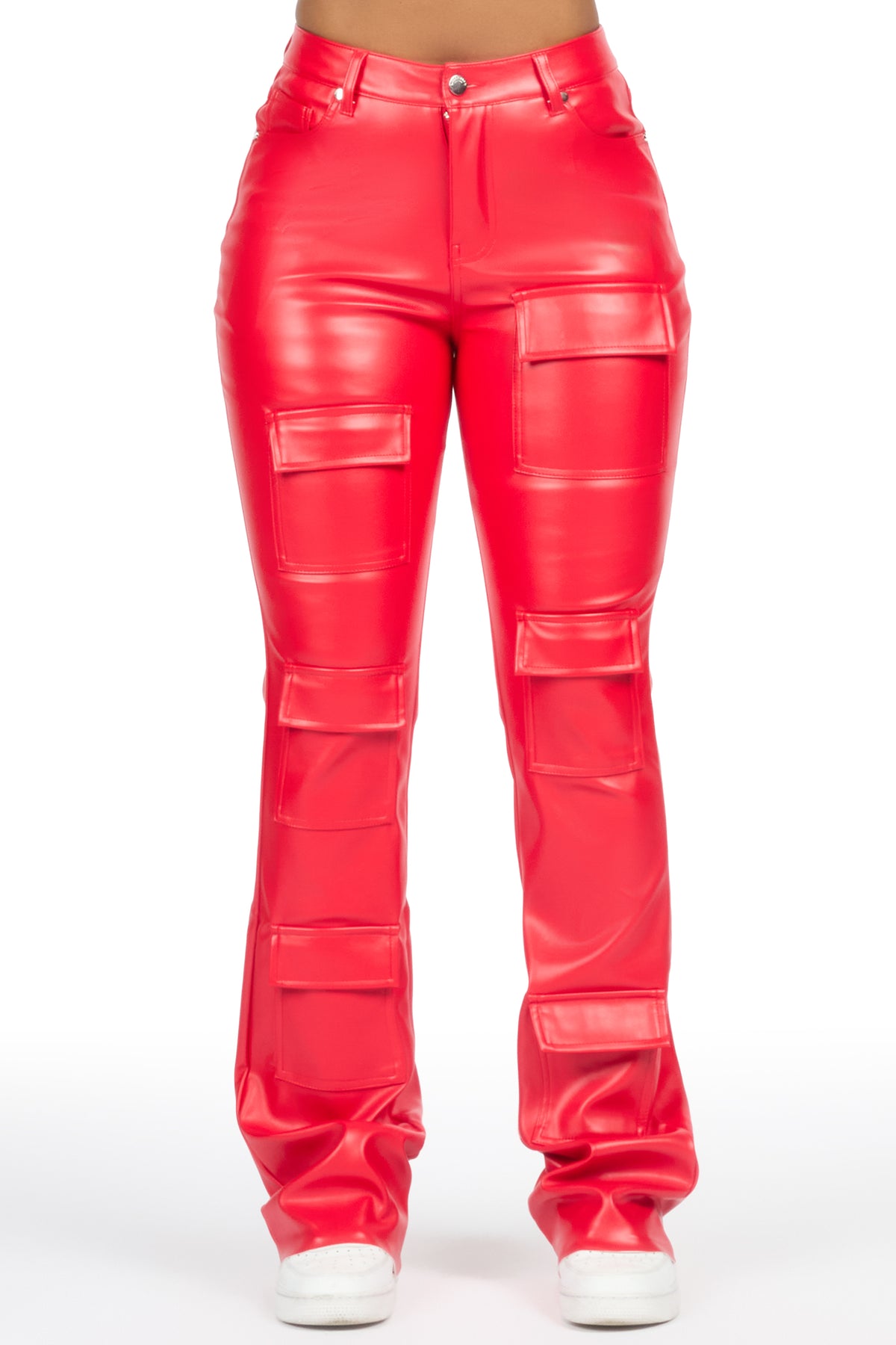 Keazhanae Red PU Cargo Stacked Flare Pant