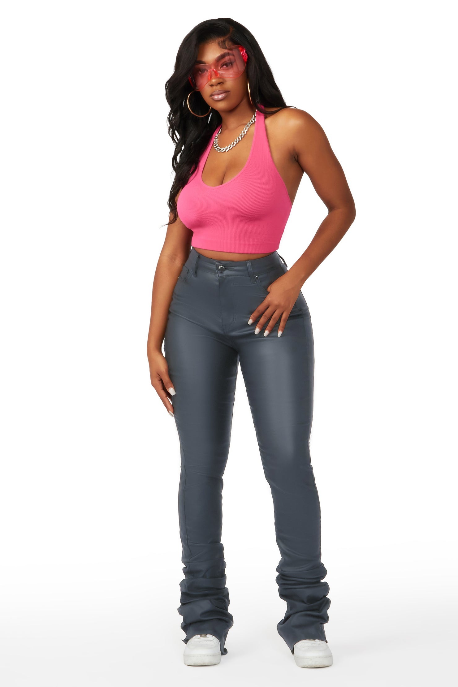 Pay Attention Dark Grey PU Super Stacked Flare Pant