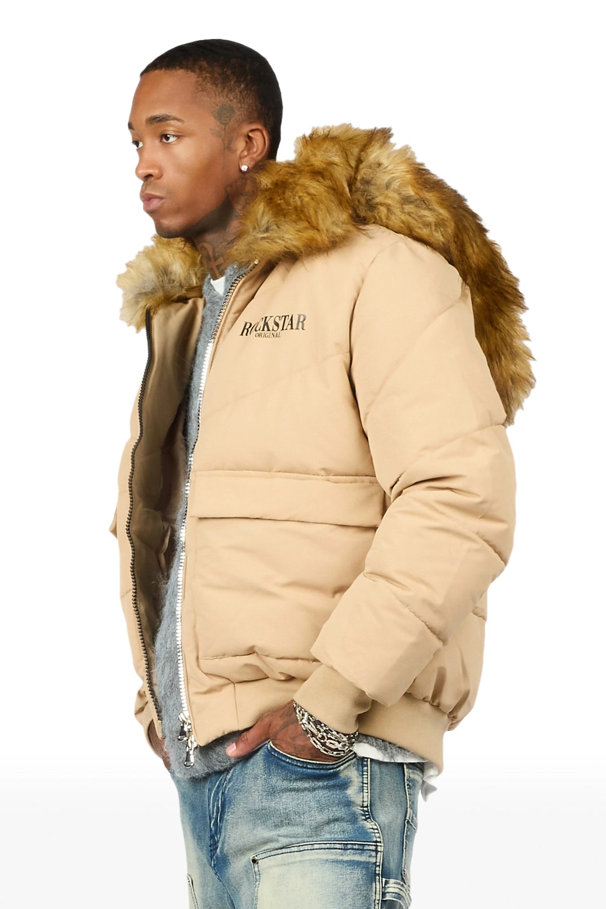Langston Beige Puffer Jacket with Fur Hood