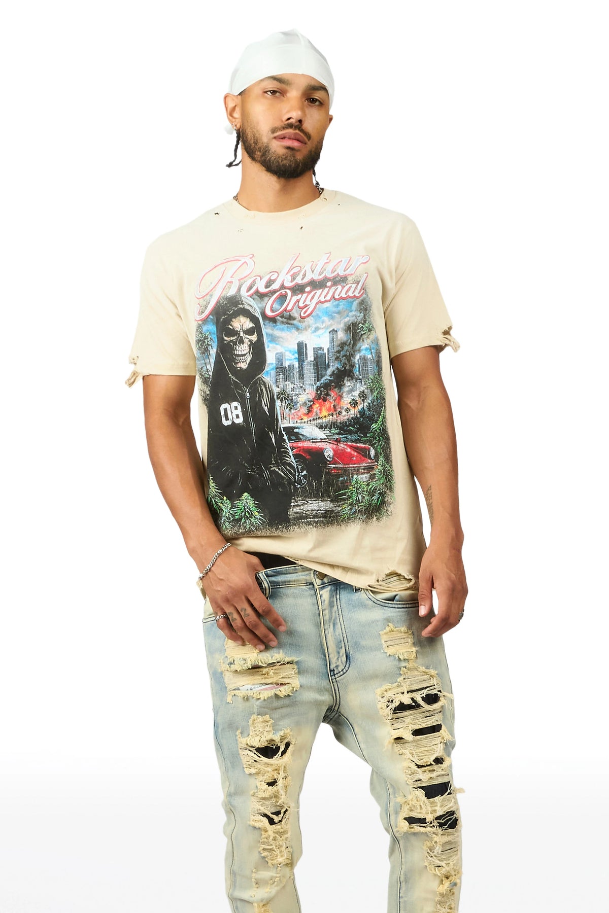 Tavian Beige Oversized Graphic T-Shirt