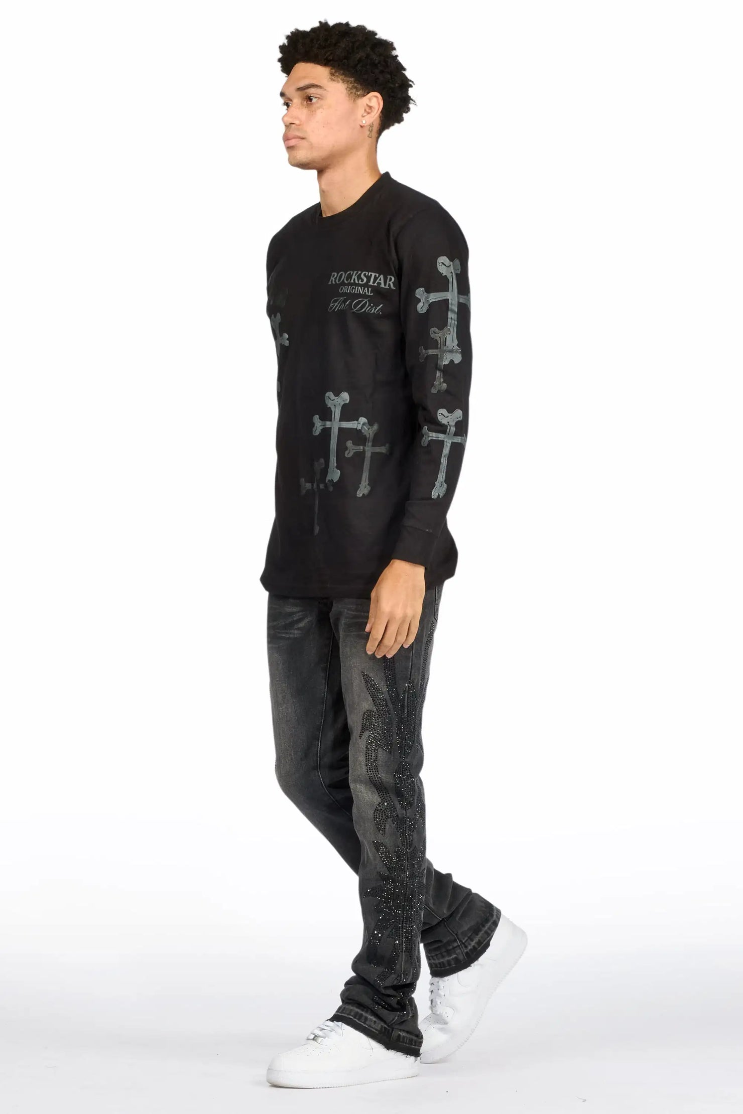 Shamaz Rhinestone Dark Grey Stacked Flare Jean