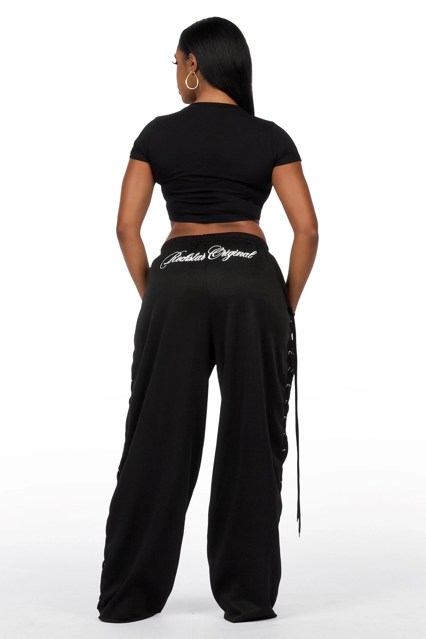 Desire Black Lace Up  Crop T-Shirt Baggy Track Set