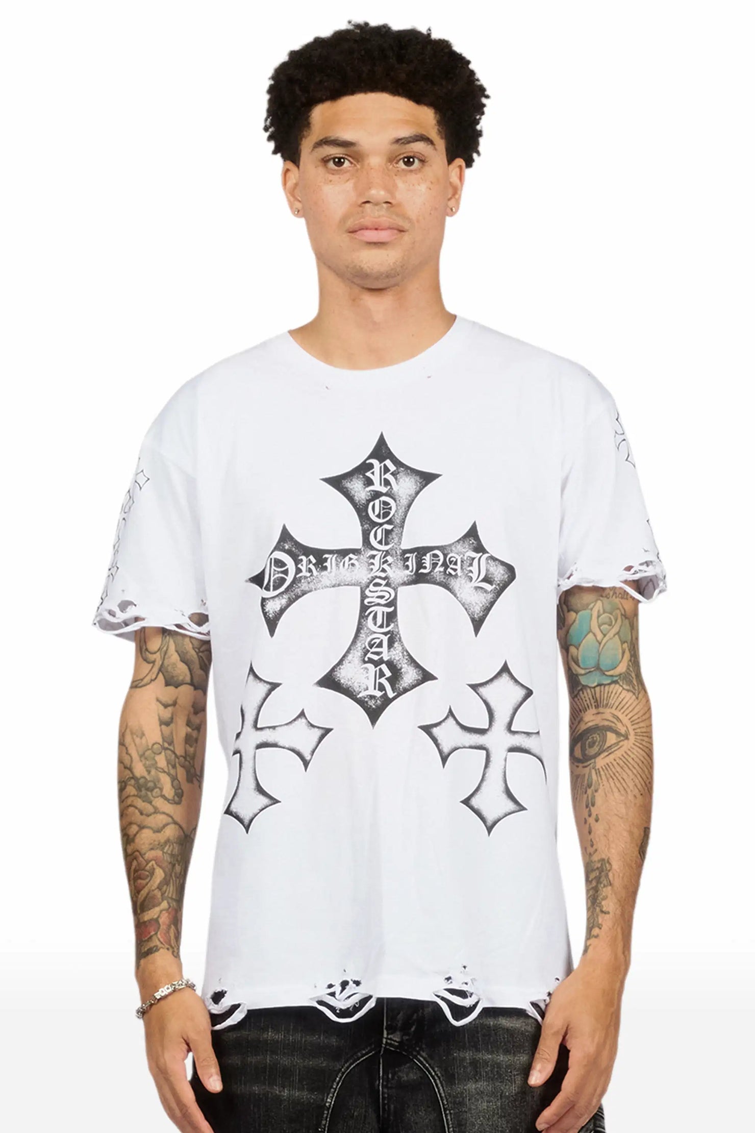 Marizon White/Black Oversized Distressed Graphic T-Shirt