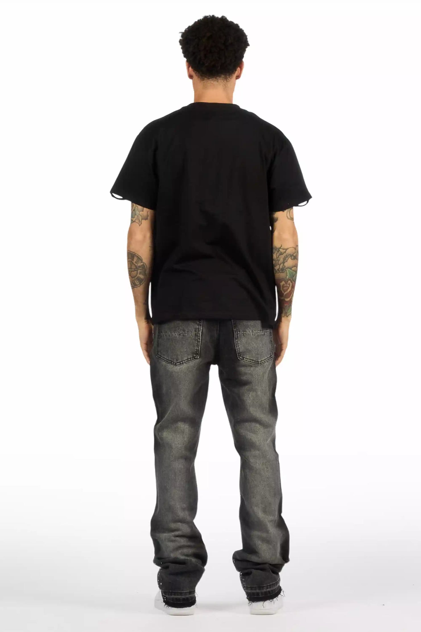 Glanz Dark Grey Rhinestone Stacked Flare Jean