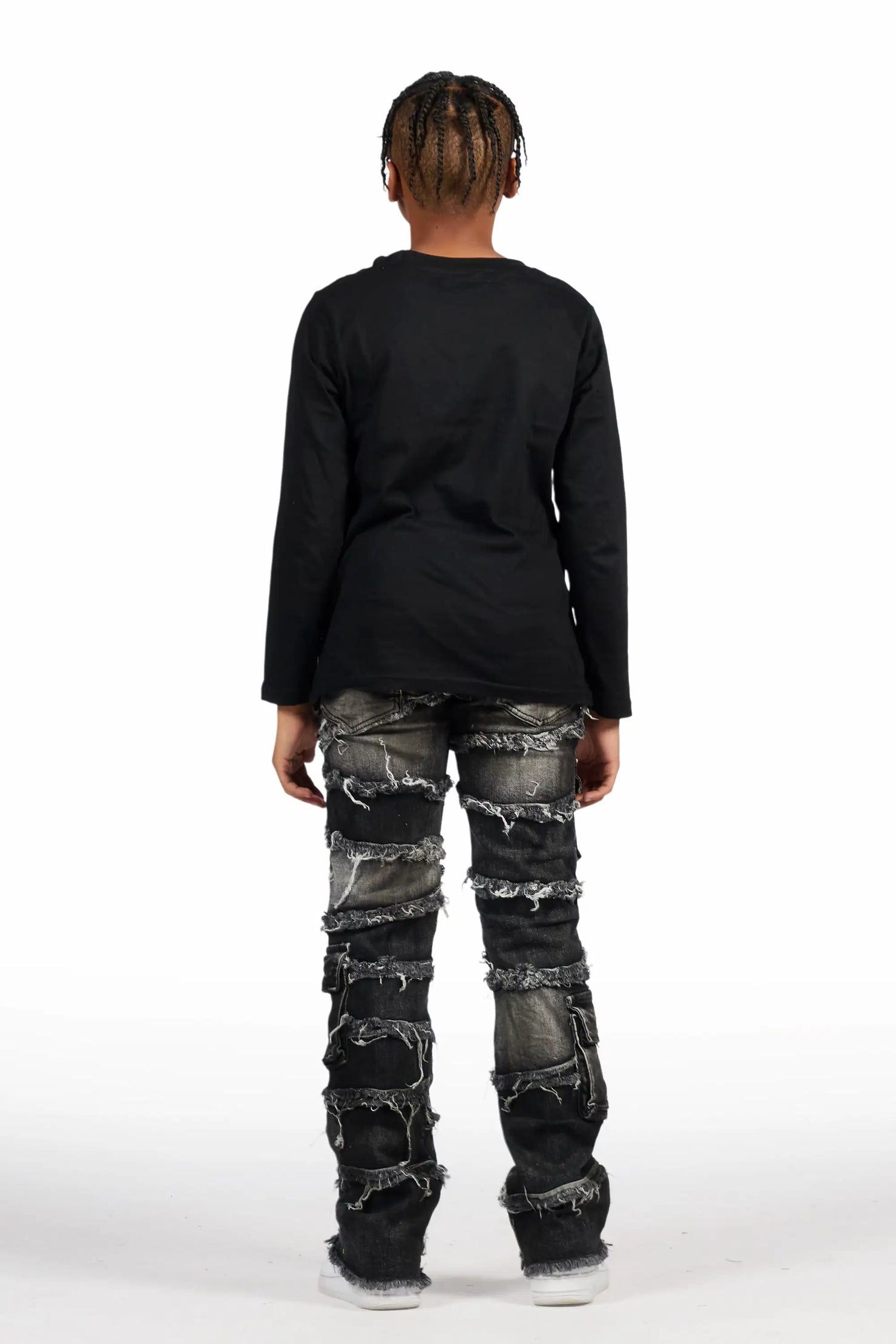 Boys Yves Jet Black Stacked Flare Cargo Jean