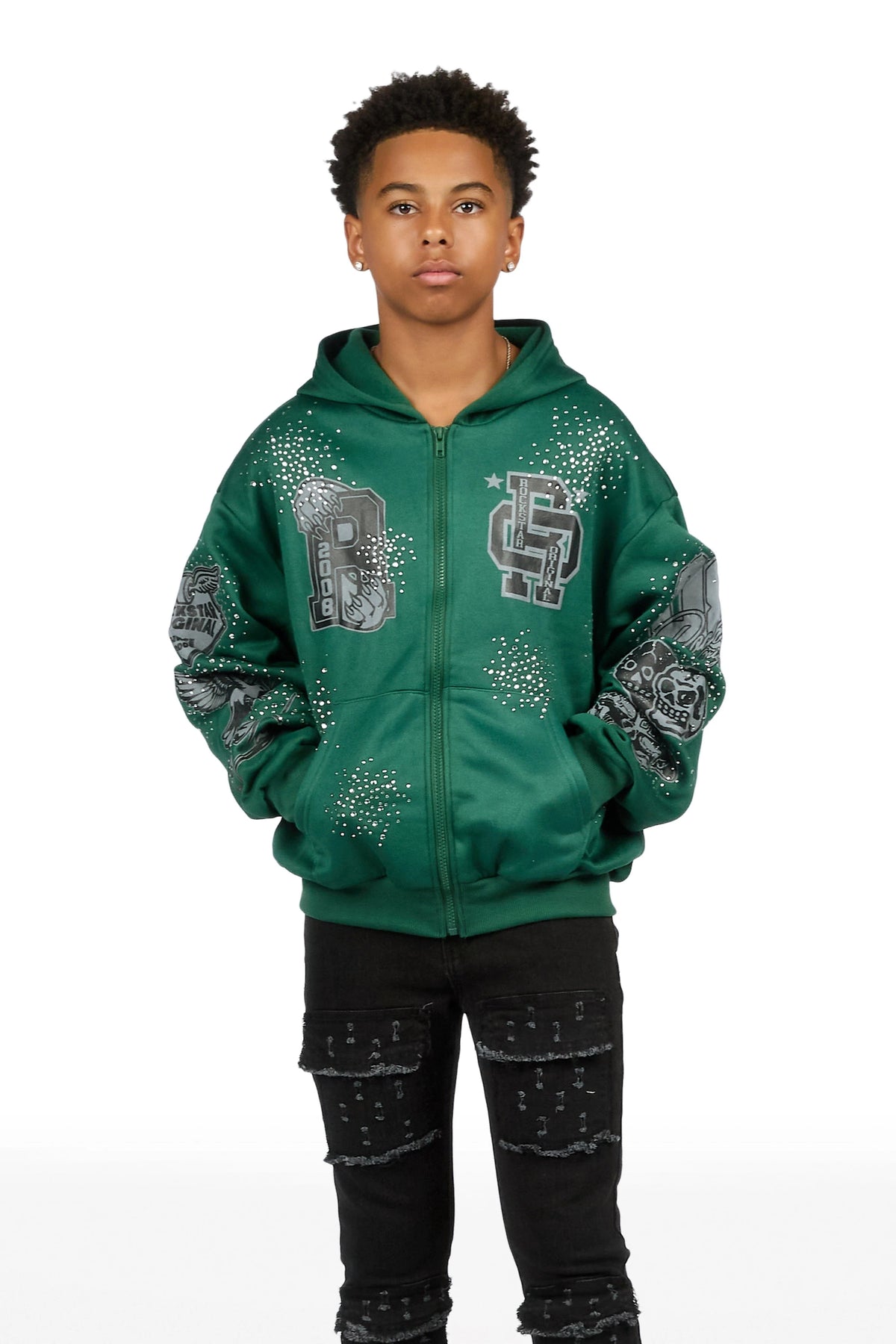 Boys Igor Green/Black Rhinestone Zip Up Hoodie