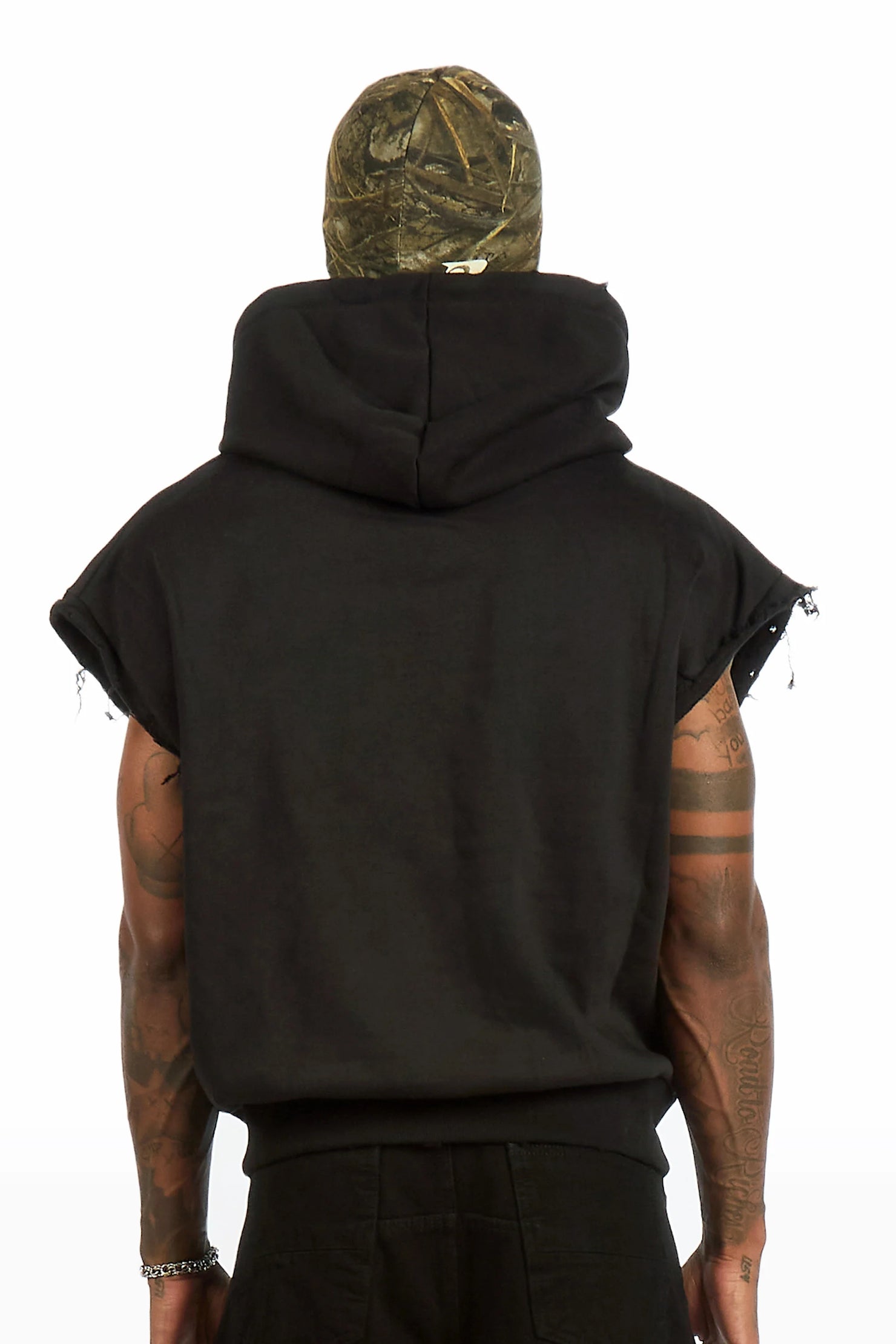 Drako Black Graphic Distressed Cut Sleeve Hoodie