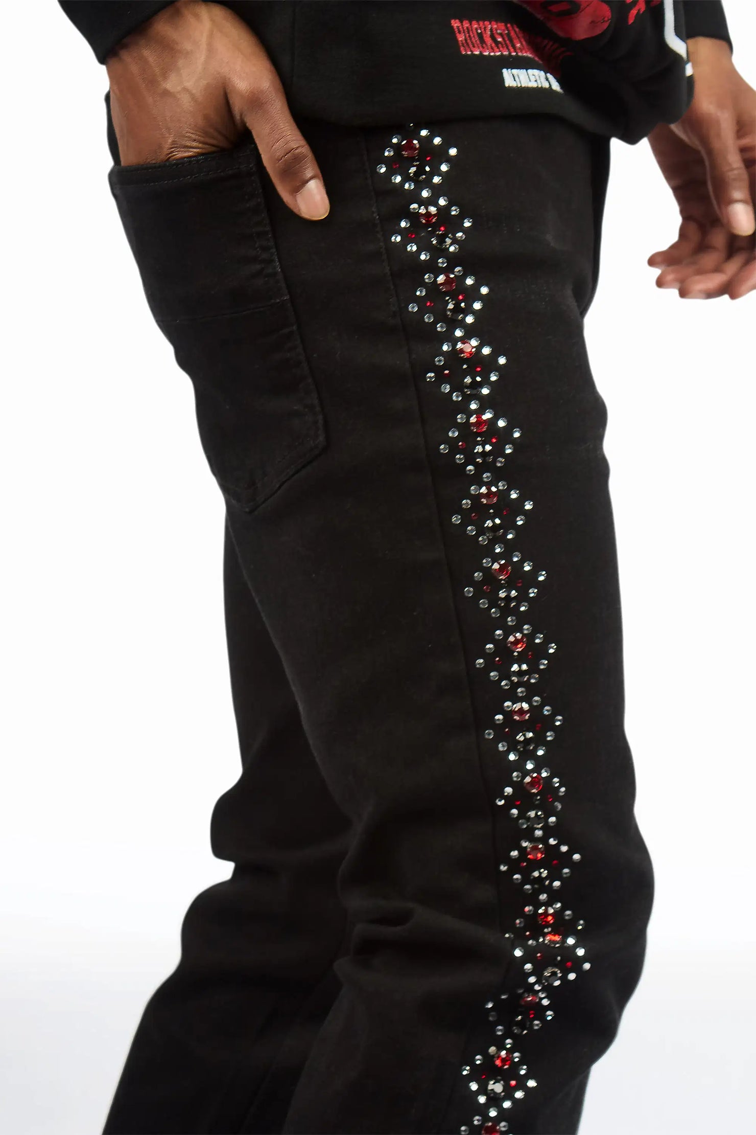 Ozi Rhinestone Dark Grey Stacked Flare Jean