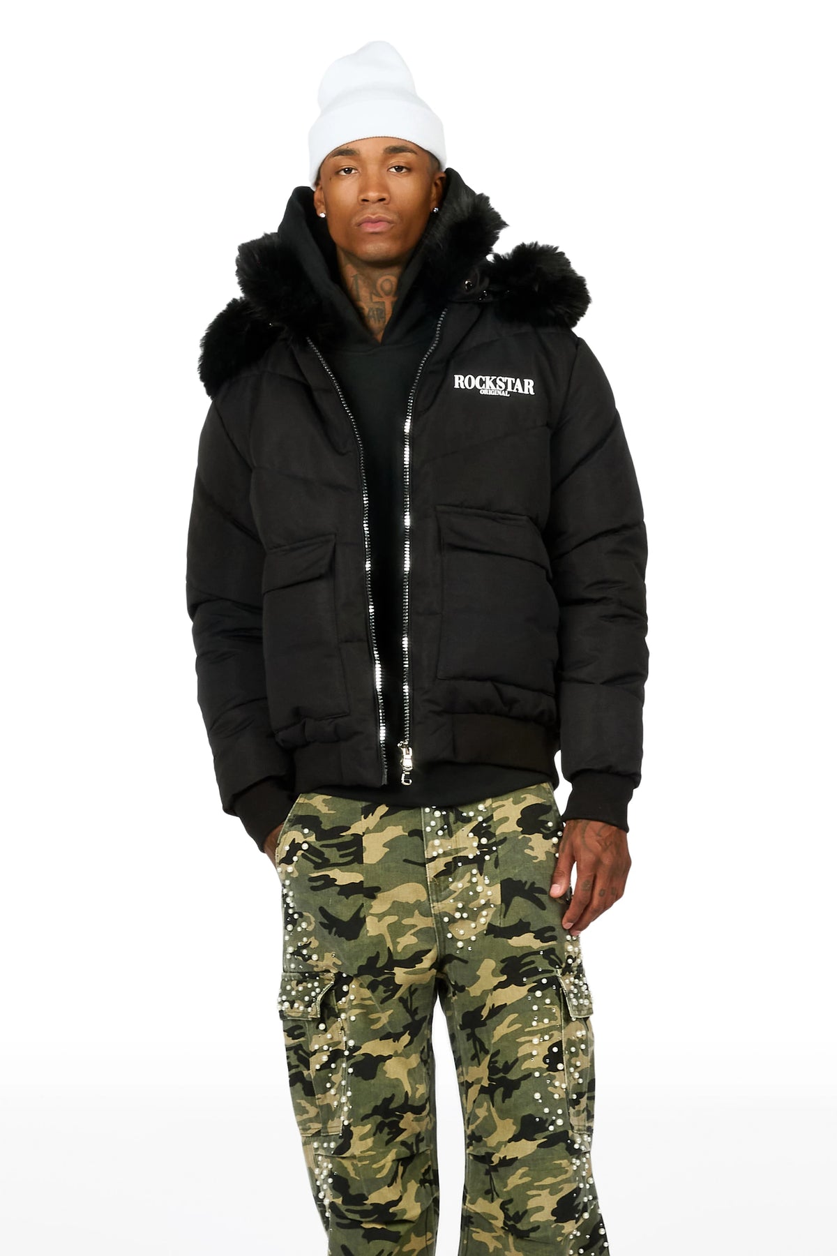 Langston Black Puffer Jacket with Fur Hood