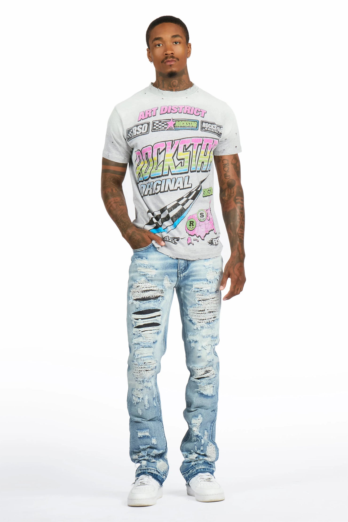 Mathey Light Blue Rhinestone Stacked Fit Jean