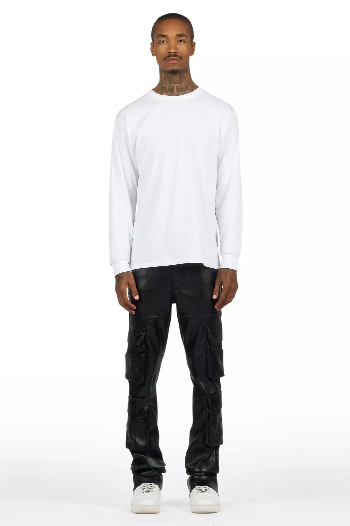 Keylor Black Stacked Flare PU Pants