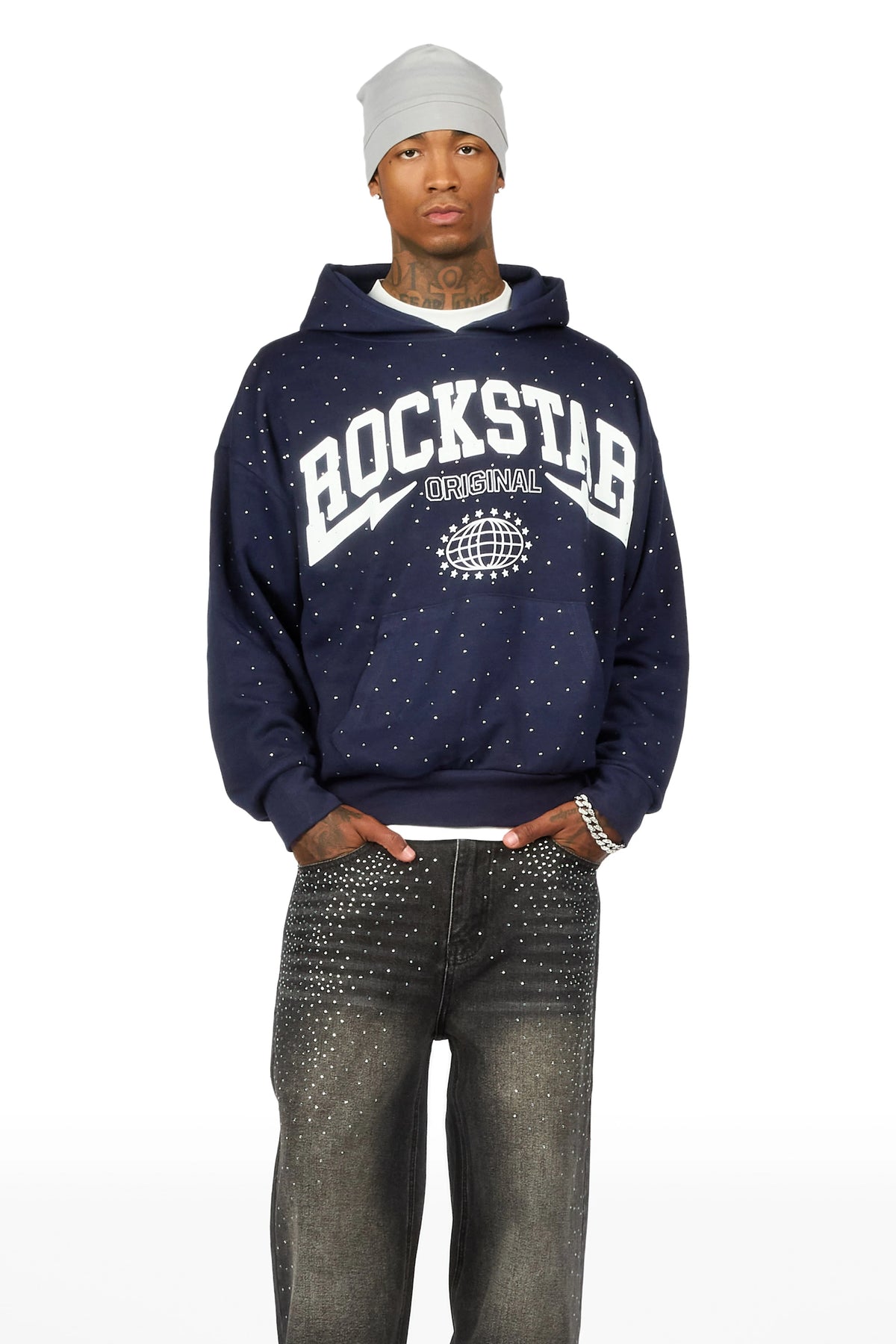Stori Navy Rhinestone Graphic Hoodie