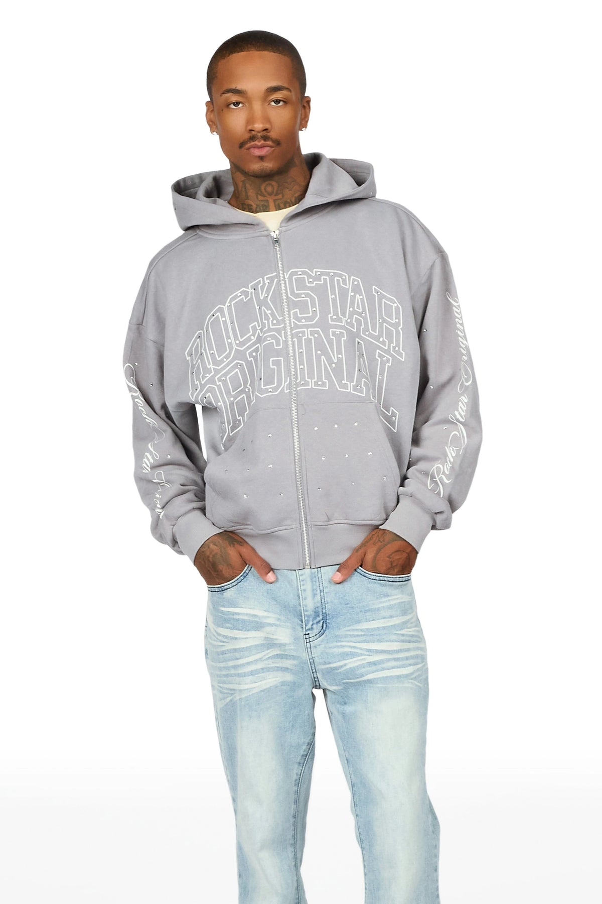 Dripped Vintage Grey Rhinestone Hoodie
