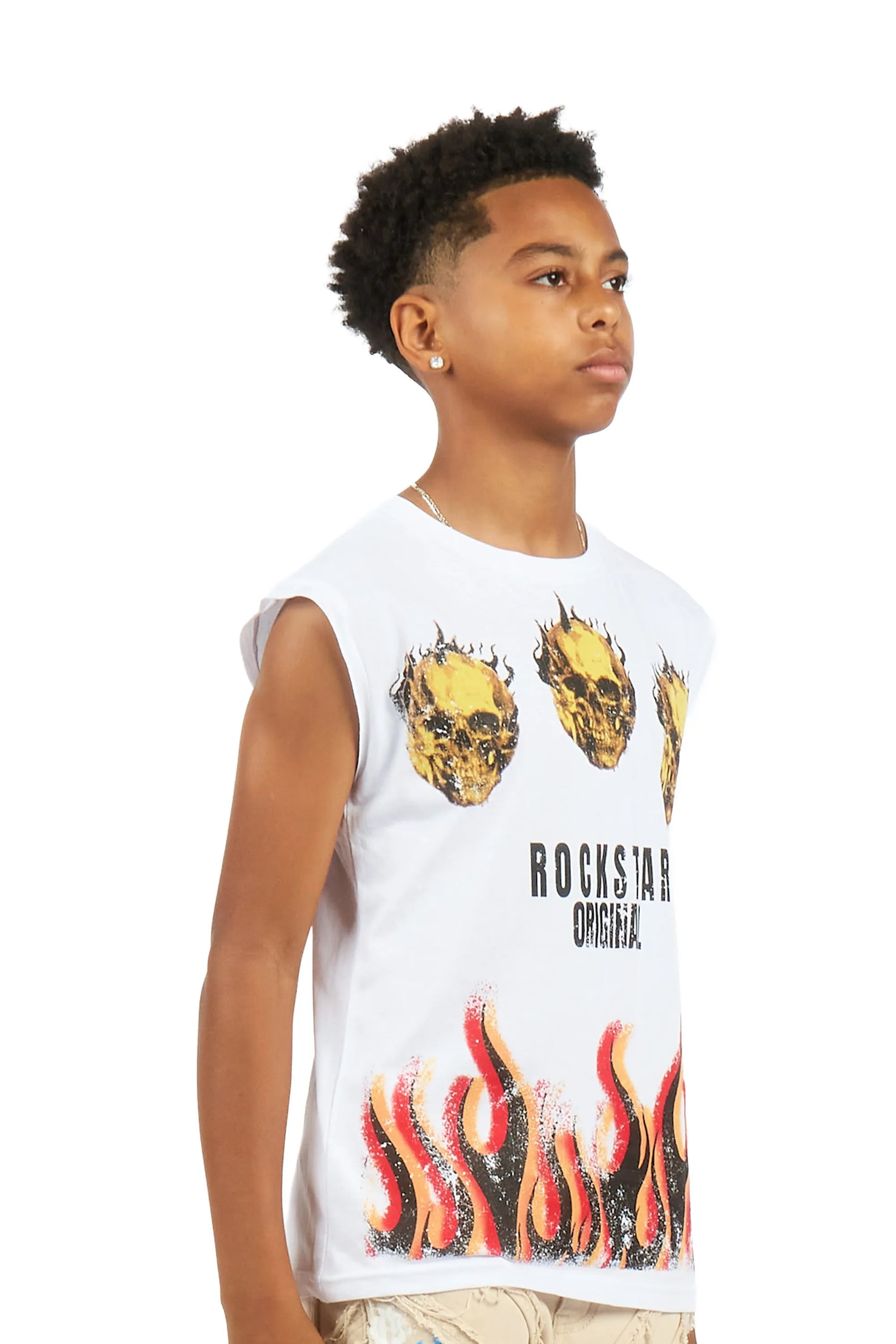 Boys Maezar White Cut Off Graphic T-Shirt